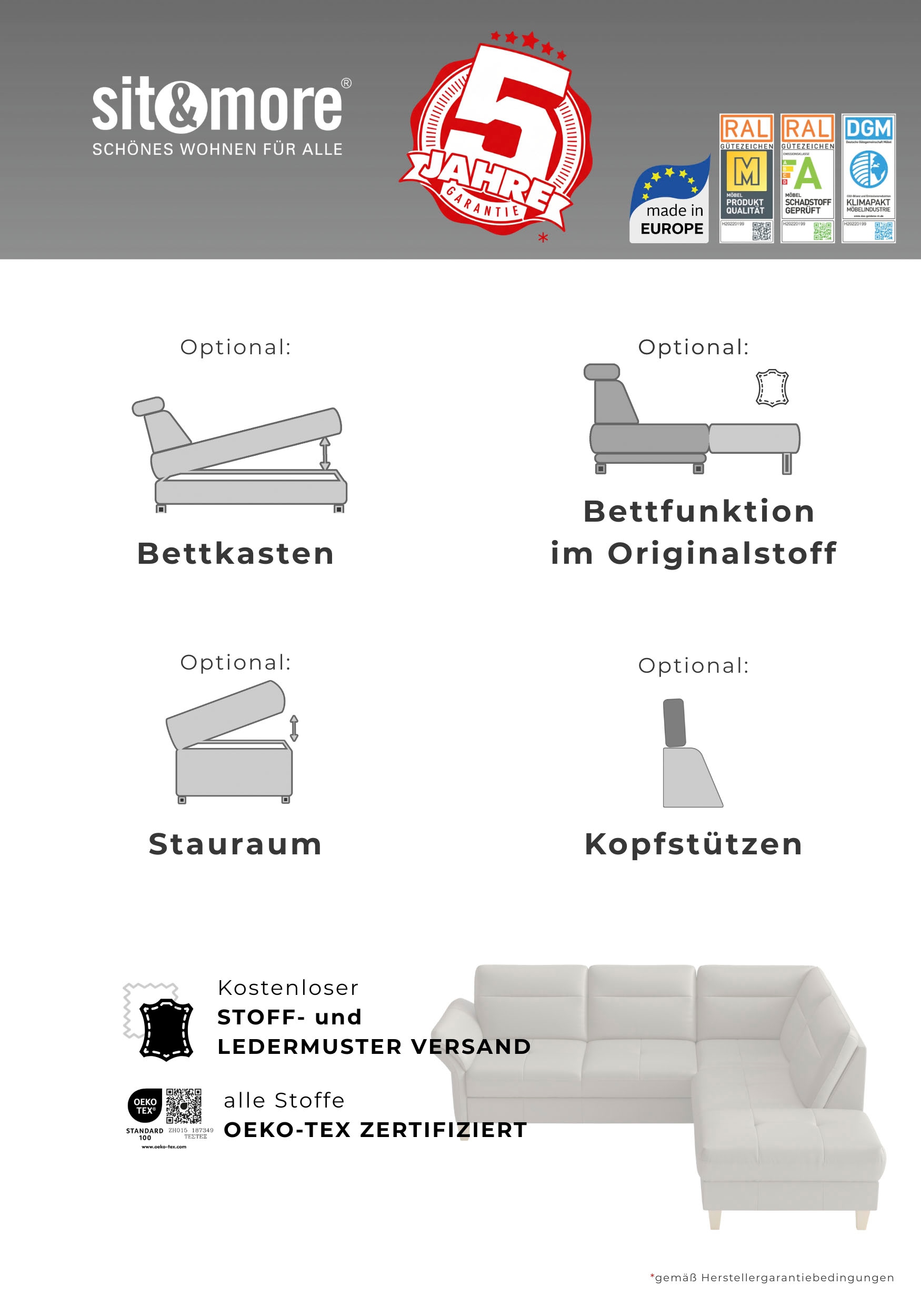 sit&more Ecksofa »Pamela L-Form, Leder, B: 218 und 230 cm« optional Armteilverstellung, Schlaffunktion & Bettkasten