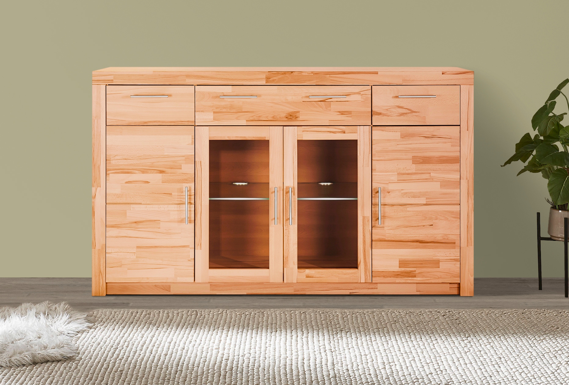VOGL Möbelfabrik Highboard »Toronto« opt. Glastüren, teilmassiv, Rahmenoptik, Made in Germany