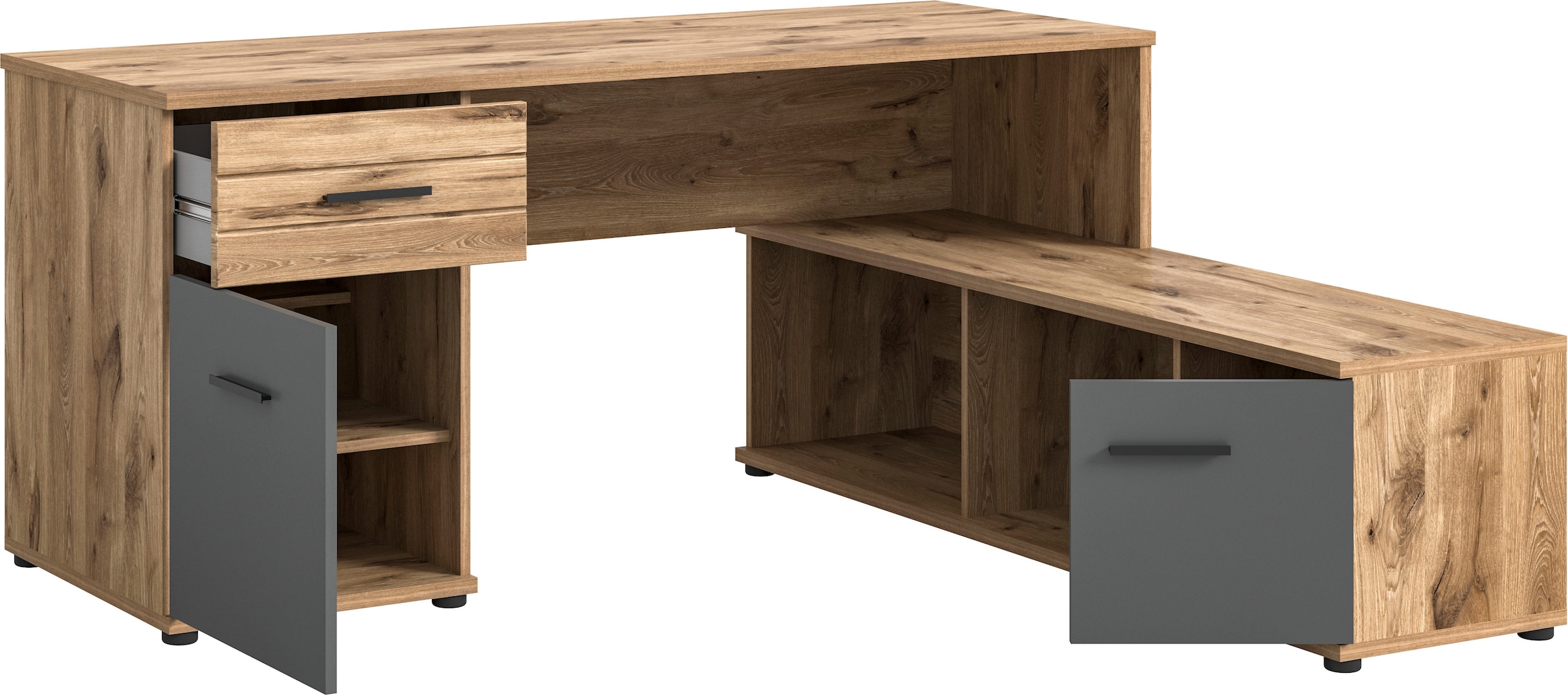 INOSIGN Eckschreibtisch »Riga, Breite 170cm, in Nox Oak Nachbildung und Basalt grau«, Bürotisch, Schreibtisch, Ecktisch, Arbeitszimmer, Computertisch