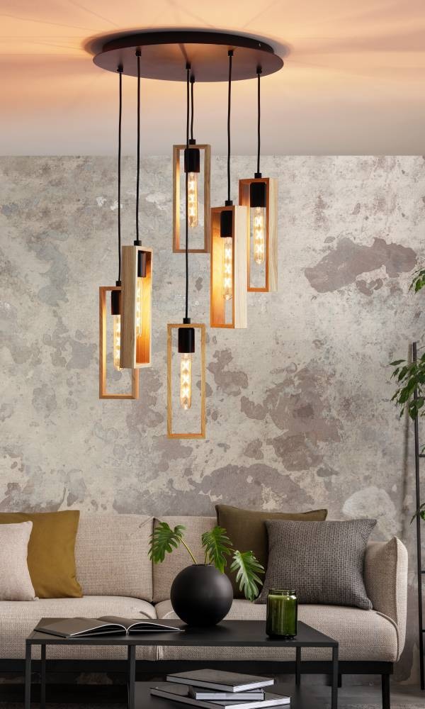 EGLO Hängeleuchte »LITTLETON Hängelampe,Vintage, Stahl und Holz, IP20, Pendellampe, Lampe« E27 1 Stk. Pendelleuchte, Esstisch, L150 cm x Ø50 cm, schwarz, braun, 6X40W exkl.