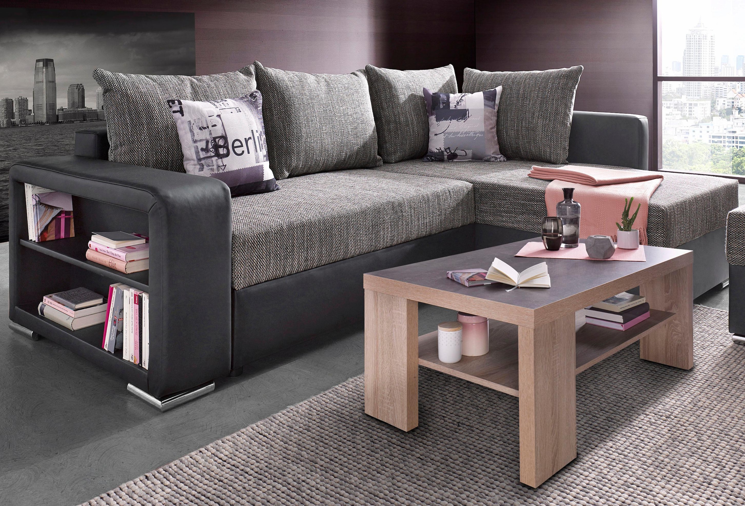 COLLECTION AB Ecksofa »John L-Form«, mit Bettfunktion, Bettkasten und integriertem Regal