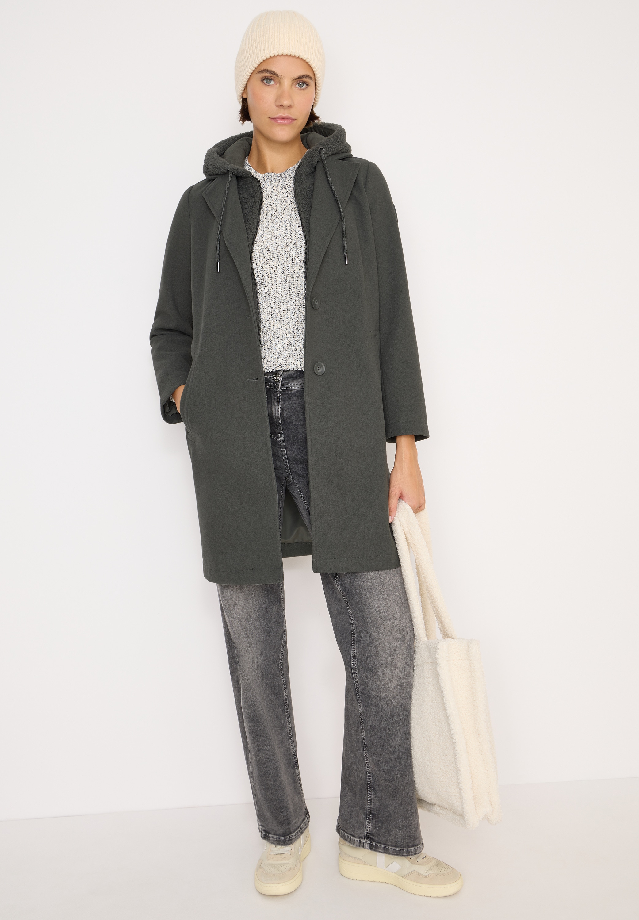Cecil Wintermantel Reversmantel mit zwei Knöpfen und Kapuze, Fake Wolle