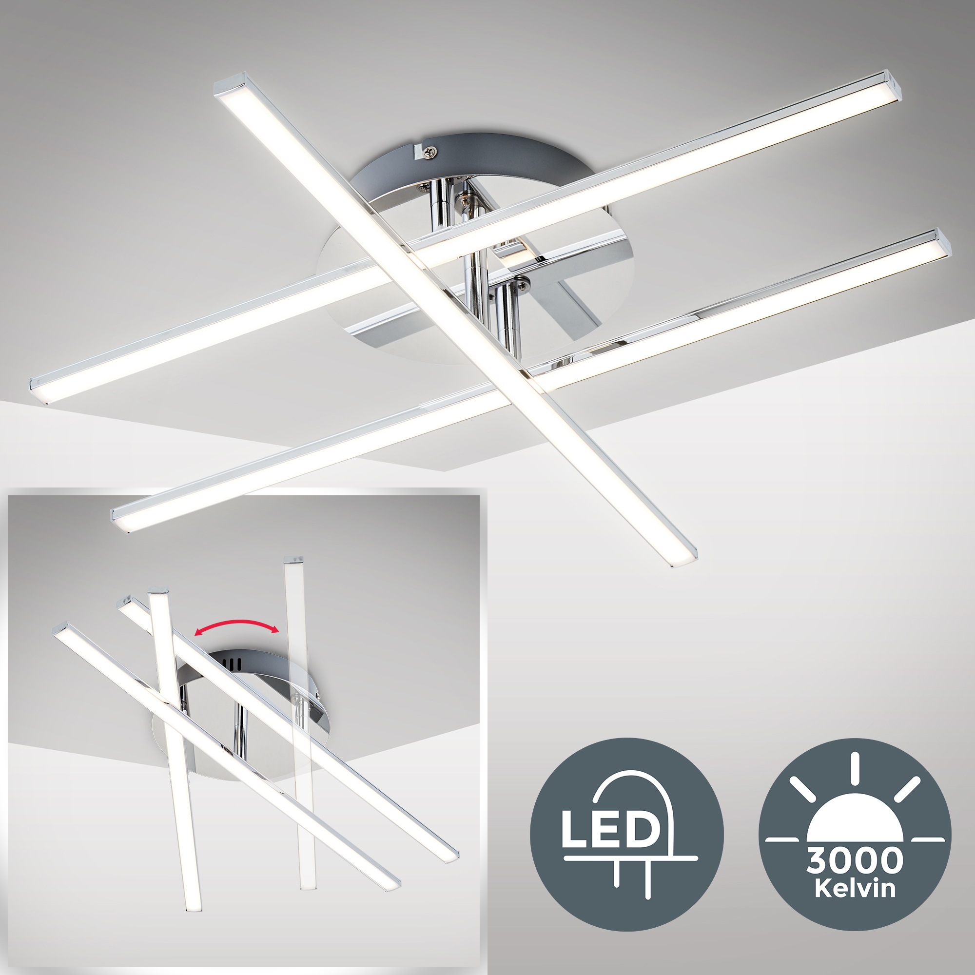 12,5W modern Wohnzimmer mit kaufen LED Jahren Design online Decken-Lampe B.K.Licht 1 Garantie Deckenleuchte, inkl. 1150lm 3 flammig-flammig, LED | XXL chrom