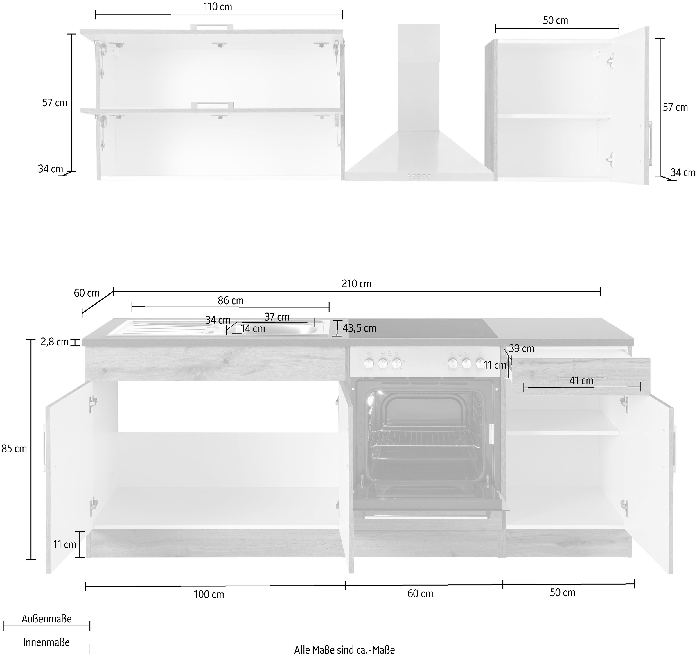 KOCHSTATION Küchenzeile »KS-Colmar« ohne E-Geräte, Breite 210 cm