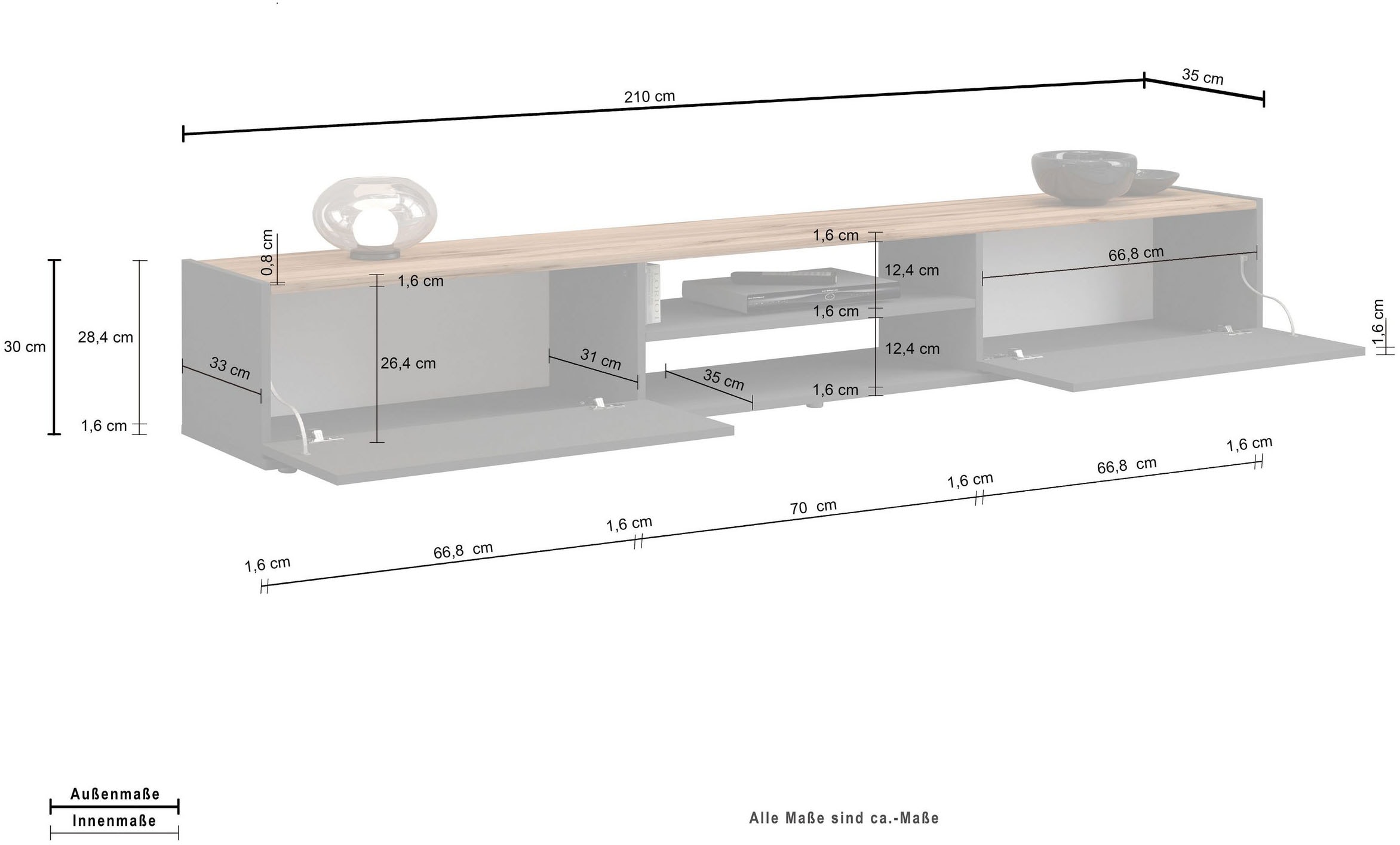 INOSIGN Lowboard »Garda,Lowboard,TV-Kommode,TV-Möbel,TV-Bank«, stehend und hängend mit 2 Klappen, 1 Einlegeboden, Breite 210 cm