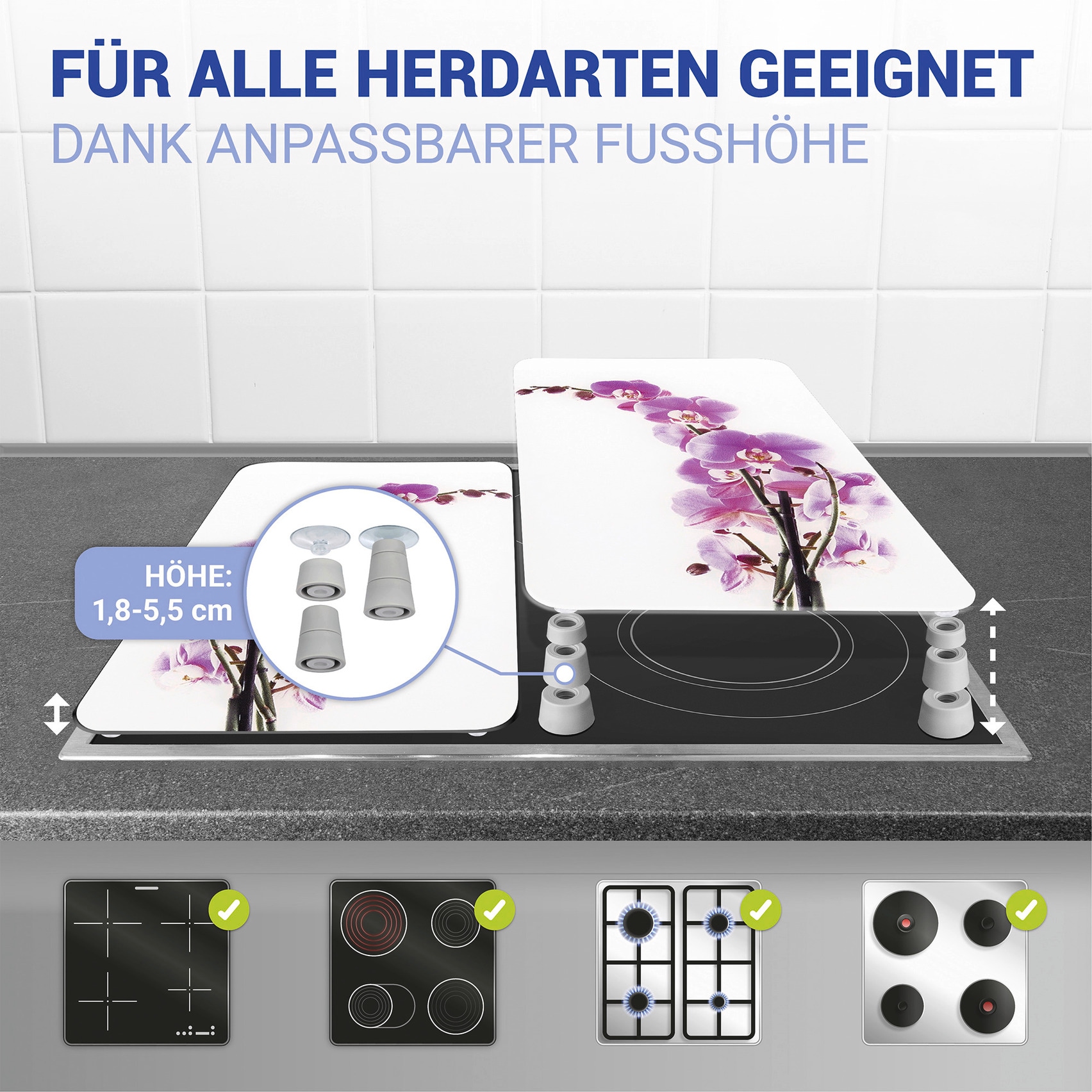 WENKO Herd-Abdeckplatte »Universal Modell Orchideenblüte«, (Set, 2 tlg.), Herdabdeckung für alle Herdarten, kratzfest, mit rutschfesten Füßen