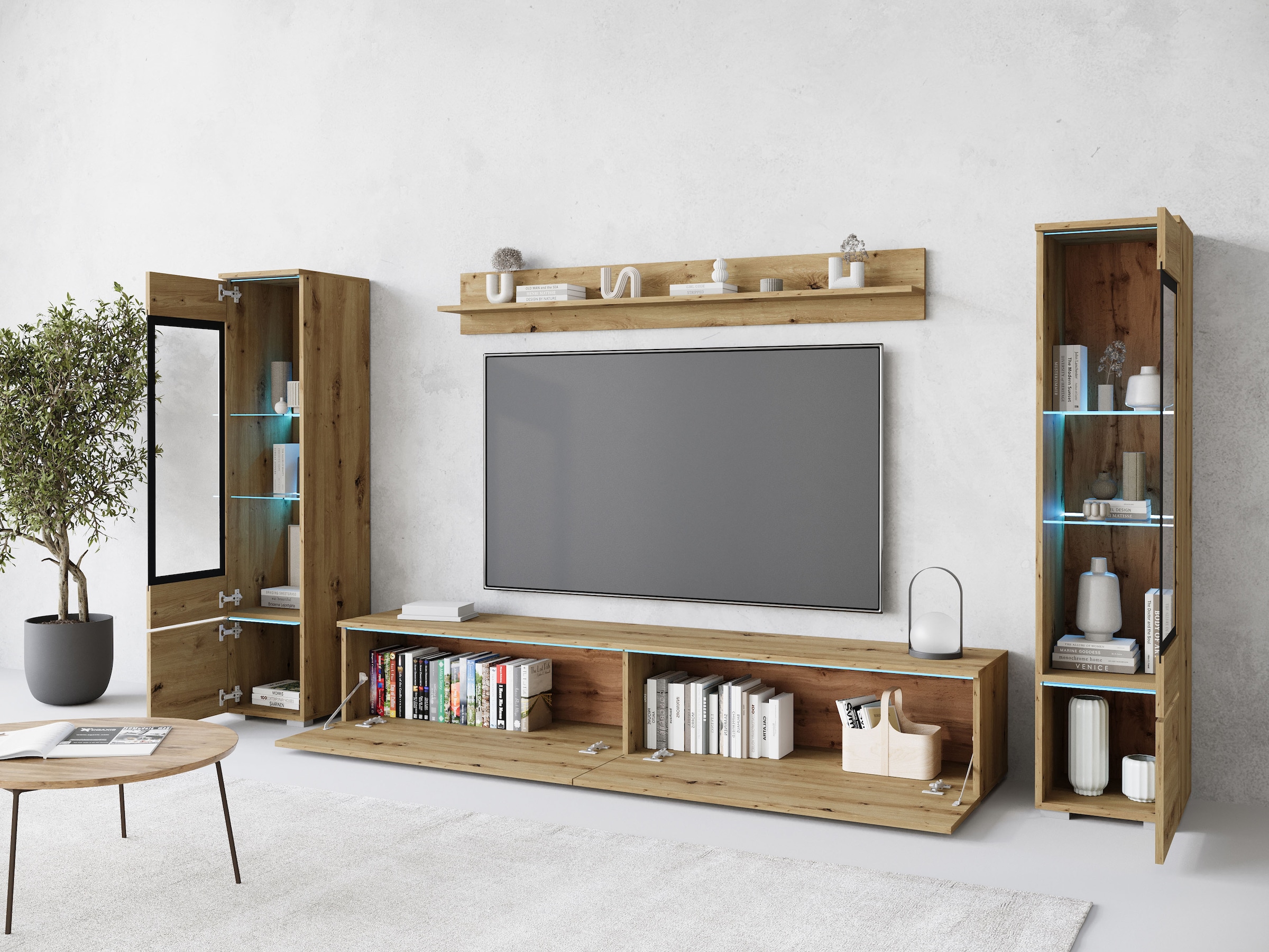 INOSIGN Wohnwand »VERA II, Vitrinen Türanschlag wechselbar«, (Komplett-Set, 4 St.), Mediawand 260 cm, Vitrine mit Verglasung, stehend und hängend