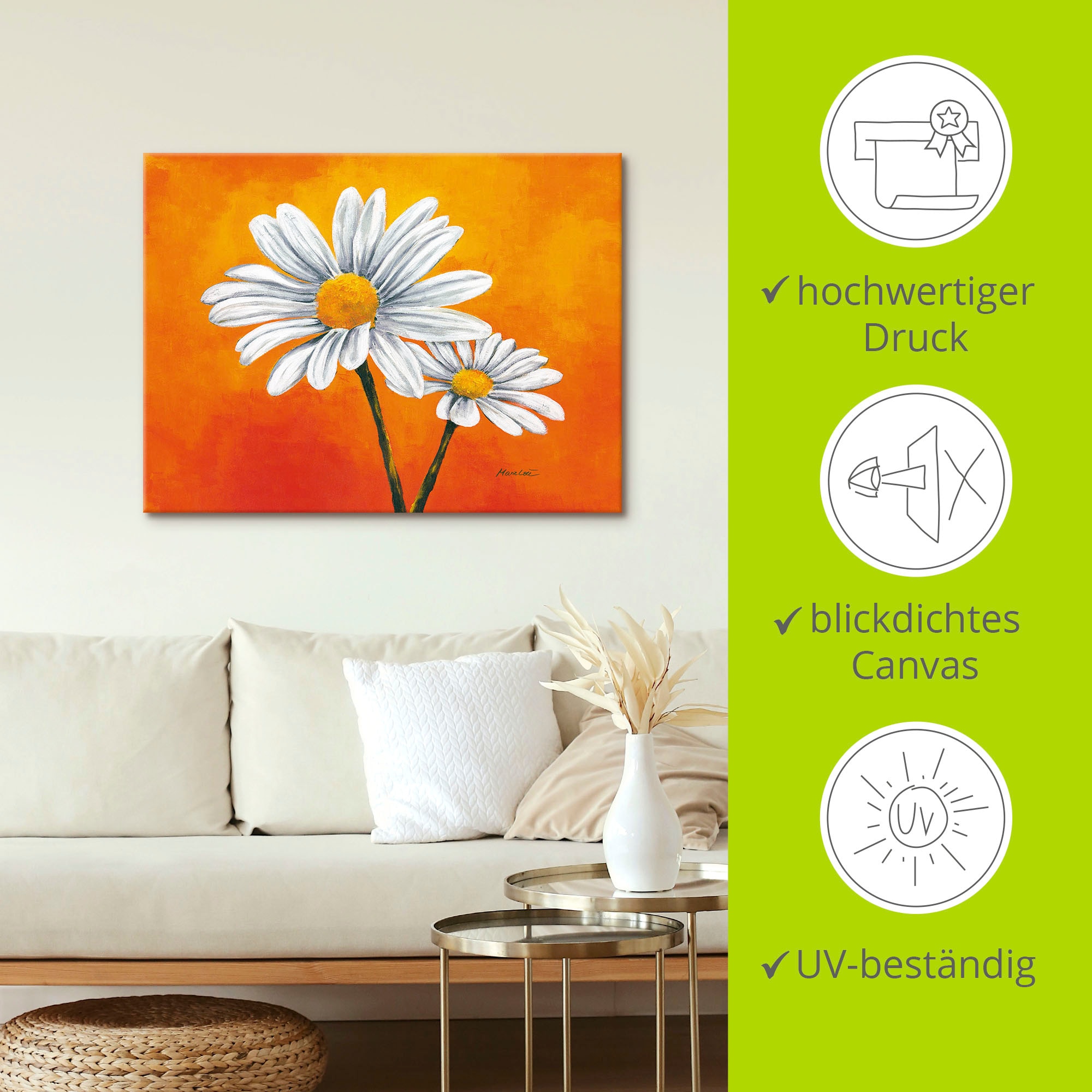 Artland Wandbild »Margeriten auf Orange«, Blumen, (1 St.), als Alubild, Leinwandbild, Wandaufkleber oder Poster in versch. Größen