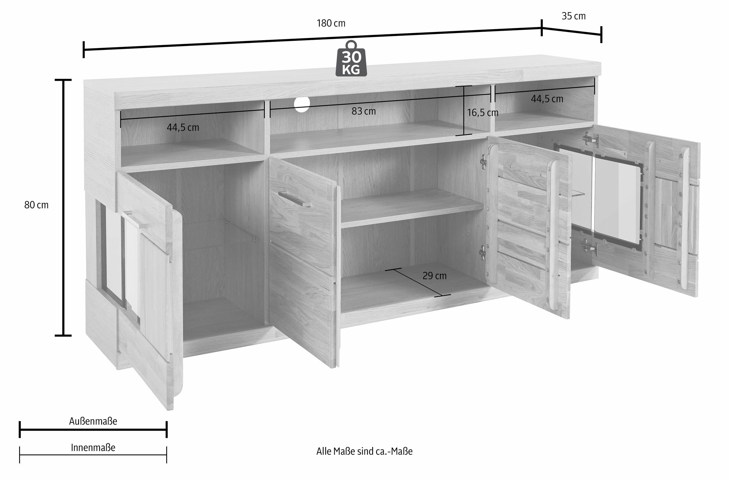 Home affaire Sideboard »Ribe,180cm breit,Oberplatte aus Massivholz, 9 Fächer«, Oberplatte Massivholz,schwarze Metall Griffe,2 Türen mit Glaseinsatz