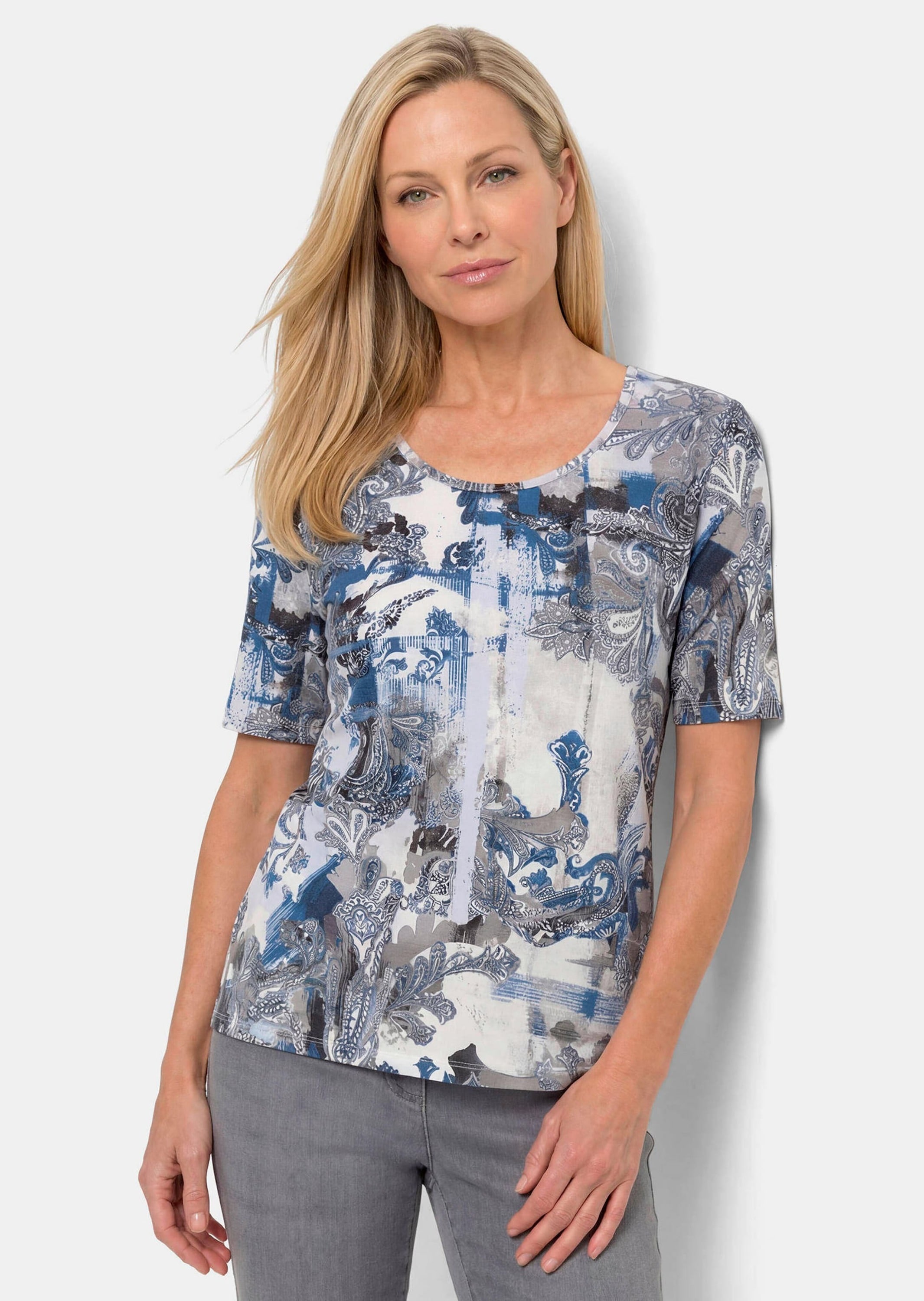 GOLDNER Kurzarmshirt »Kurzgröße Viskoseshirt mit femininem Paisley-Print« stretchbequemer Viskosejersey