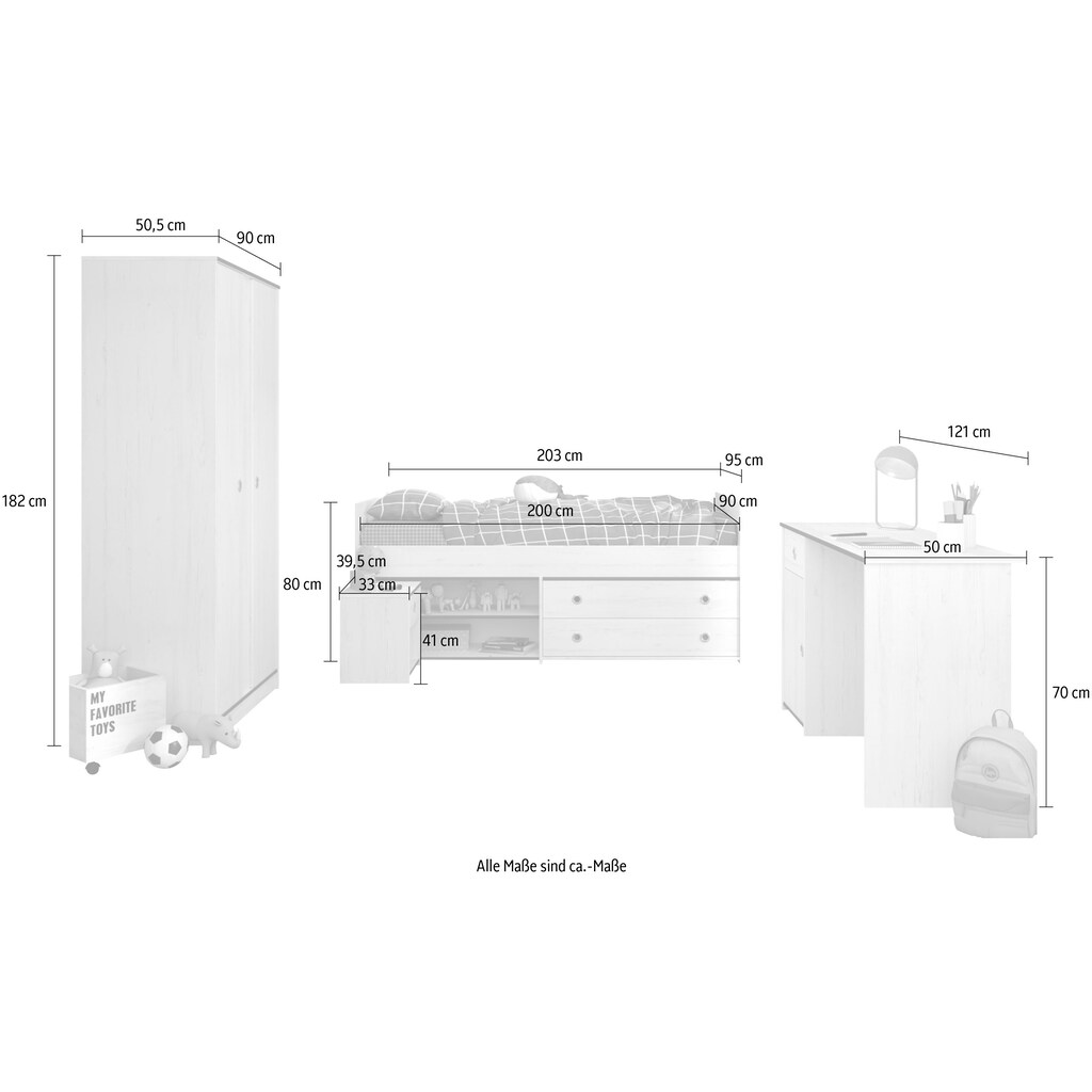 Parisot Jugendzimmer-Set »Smoozy«, (4 St., Stauraumbett,Nachttisch, Kleiderschrank und Schreibtisch)