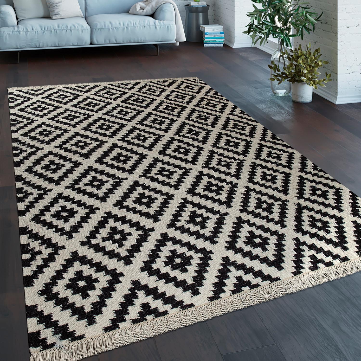 Paco Home Wollteppich »Kenitra 500«, rechteckig, 12 mm Höhe, Flachgewebe, reine Wolle, handgewebt, Rauten Design, mit Fransen