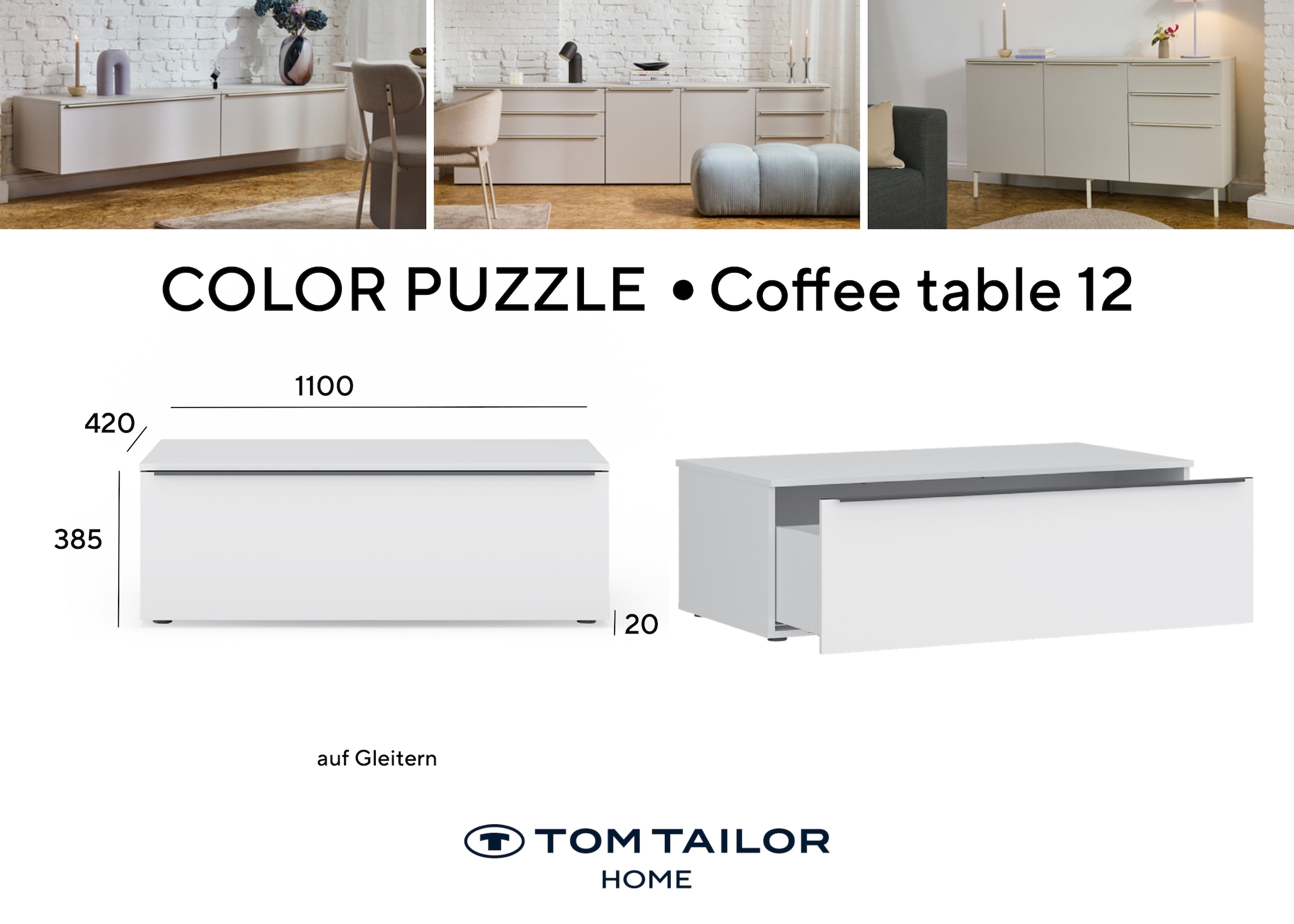 TOM TAILOR HOME Couchtisch »COLOR PUZZLE Couchtisch 1 Schublade mit farbigem Griff« Breite 1100 mm – Stauraum mit besonderem Farbkick