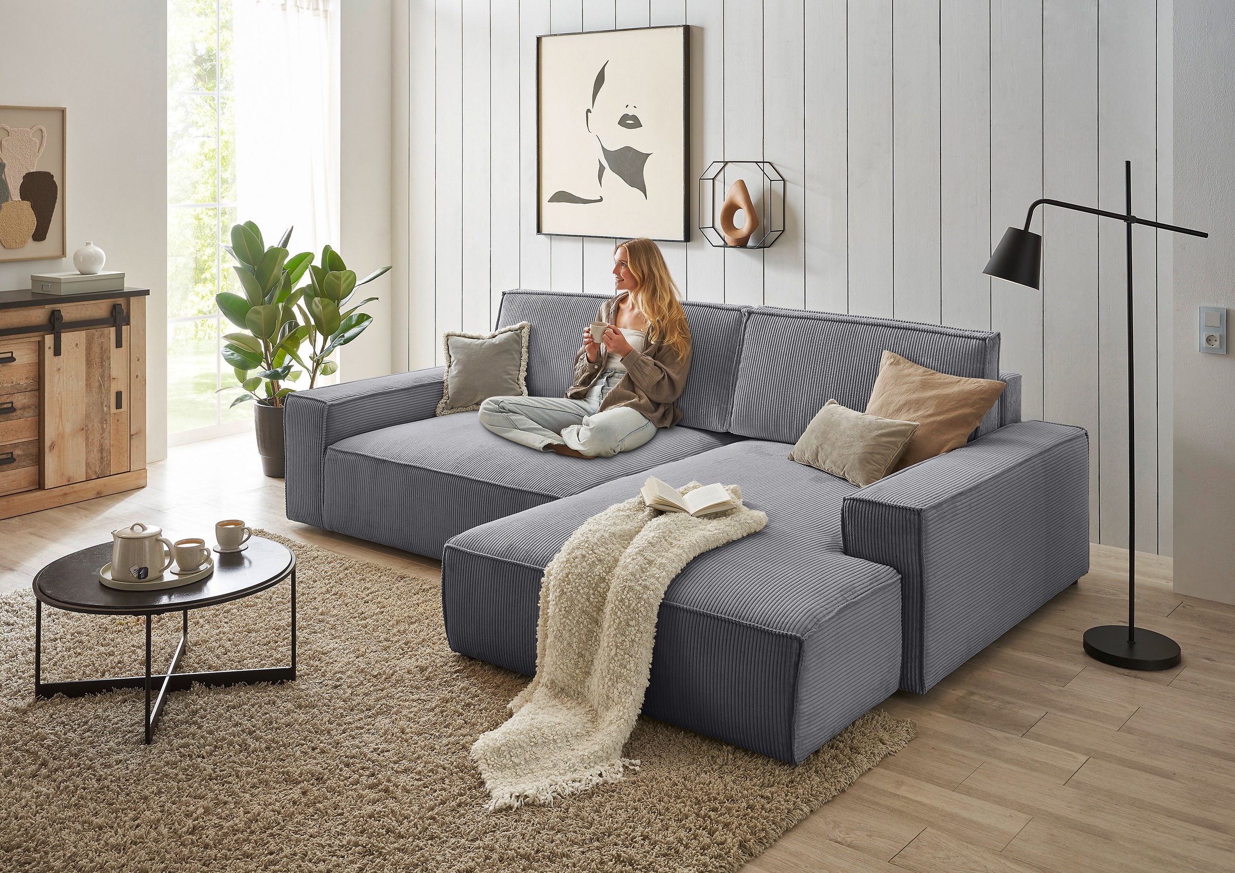 Home affaire Ecksofa »NEU: SHERWOOD XXL 284, Big-Sofa L-Form, tiefe Sitzfläche 95 cm, Cord«, Recamiere rechts/links, als Schlafsofa stellbar, Cord u. Leinenoptik