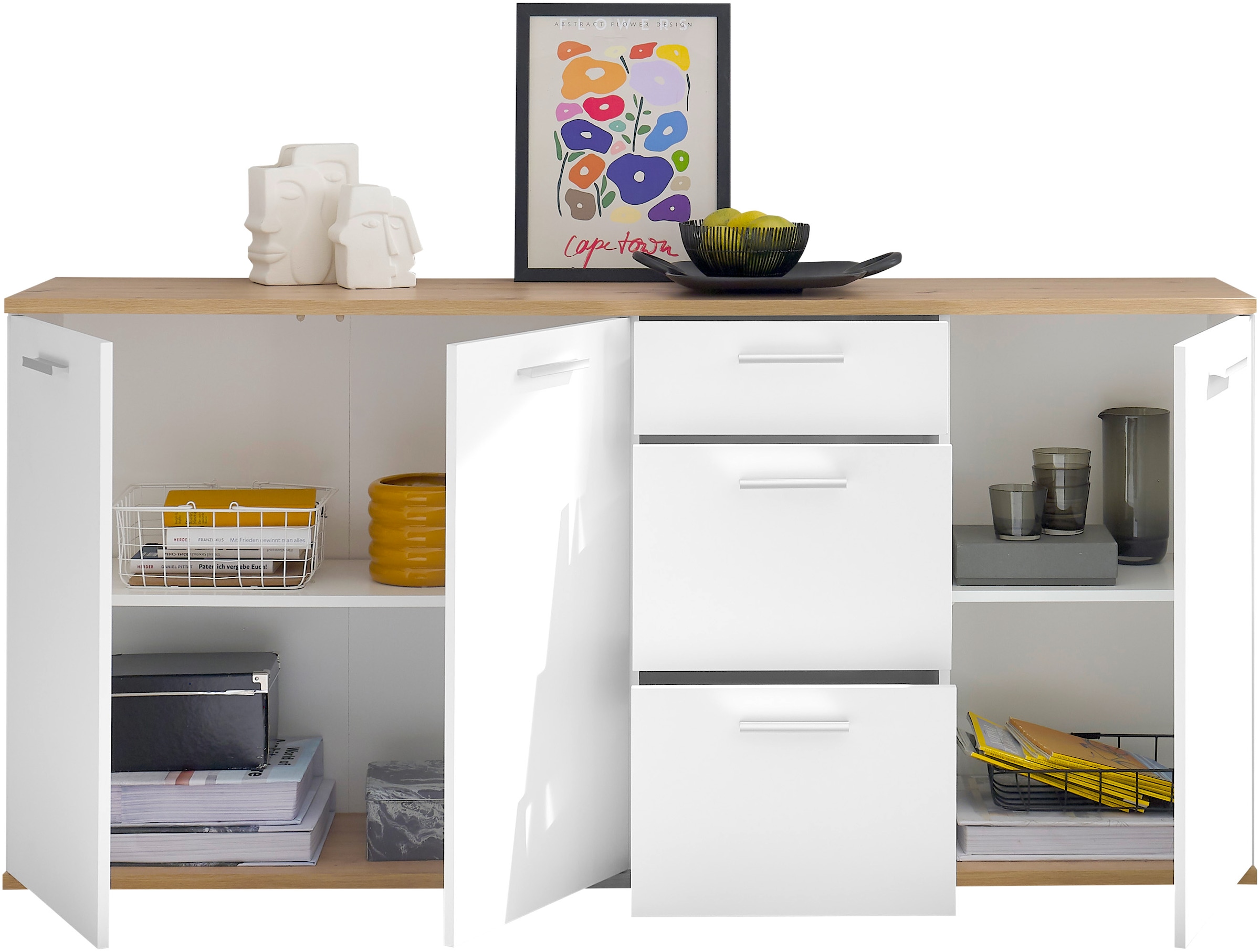 HBZ Kommode »BC1035 weiß matt, BxHxT 180x86x38 cm« Sideboard mit 3 Türen, 3 Schubkästen, 2 Einlegeböden