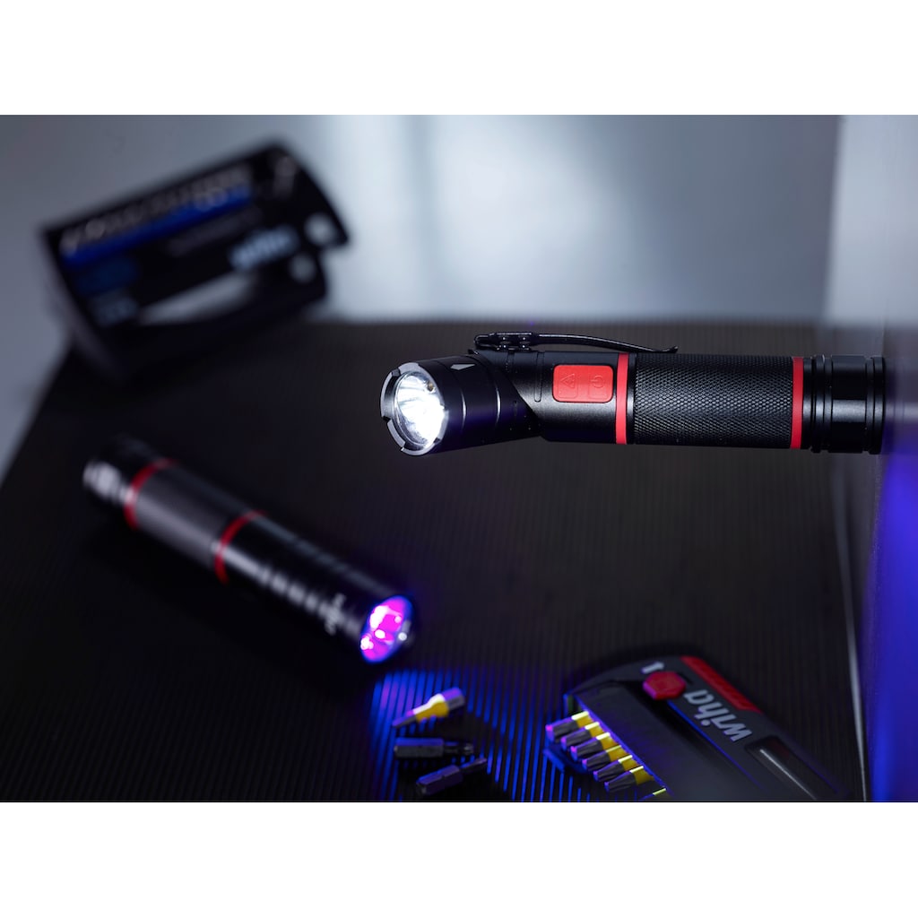 Wiha LED Taschenlampe »41286«, mit LED, Laser und UV-Licht, schwenkbarer Lampenkopf, 2 Lichtstufen, inkl. Batterien