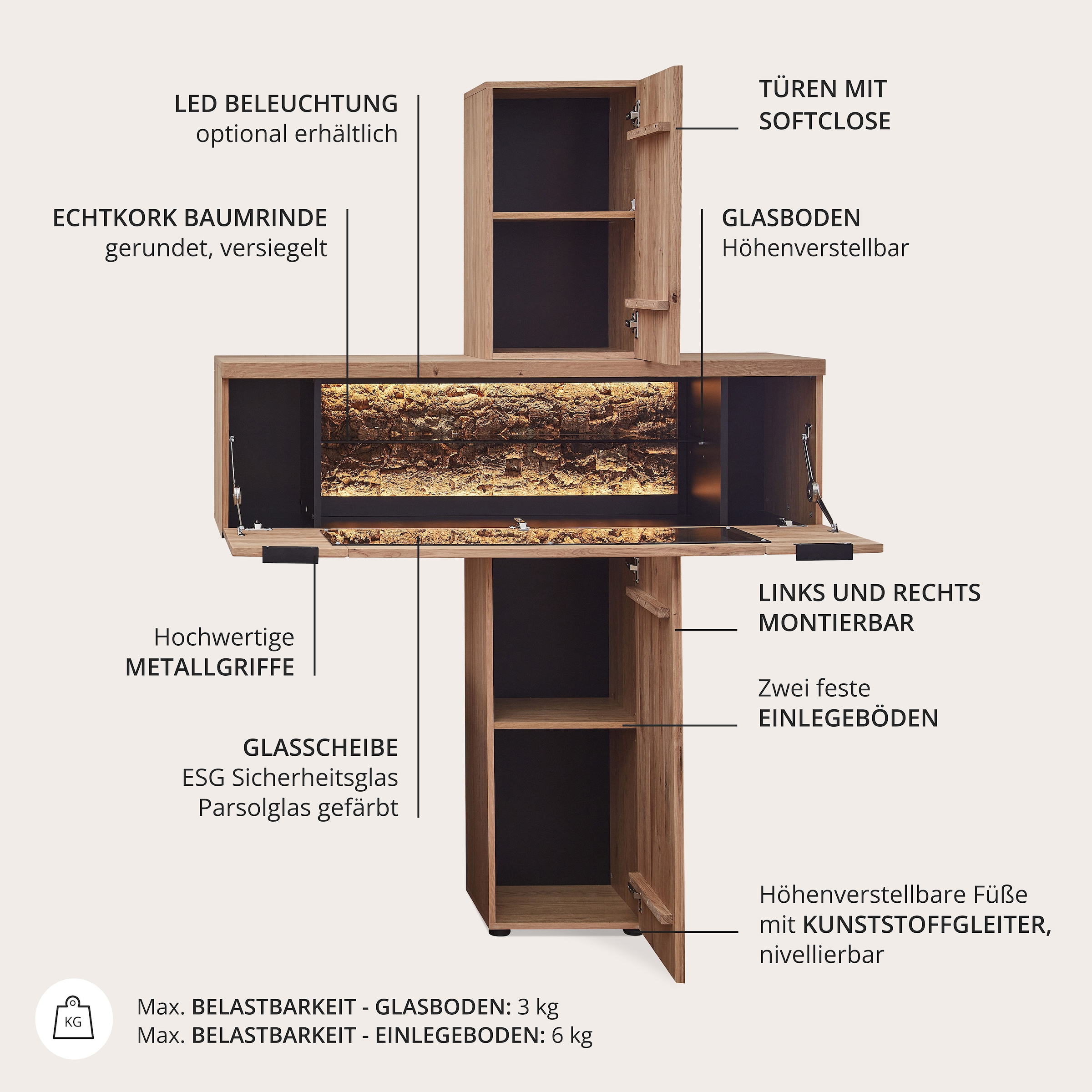 Wohnconcept Stauraumvitrine »Donna Stauraum-Säule, 140x203x42 (BxHxT)« 1 Stk. tlg. Beleuchtung bestellbar, 2 türig, Echtkork Absetzung, L/R verwendbar