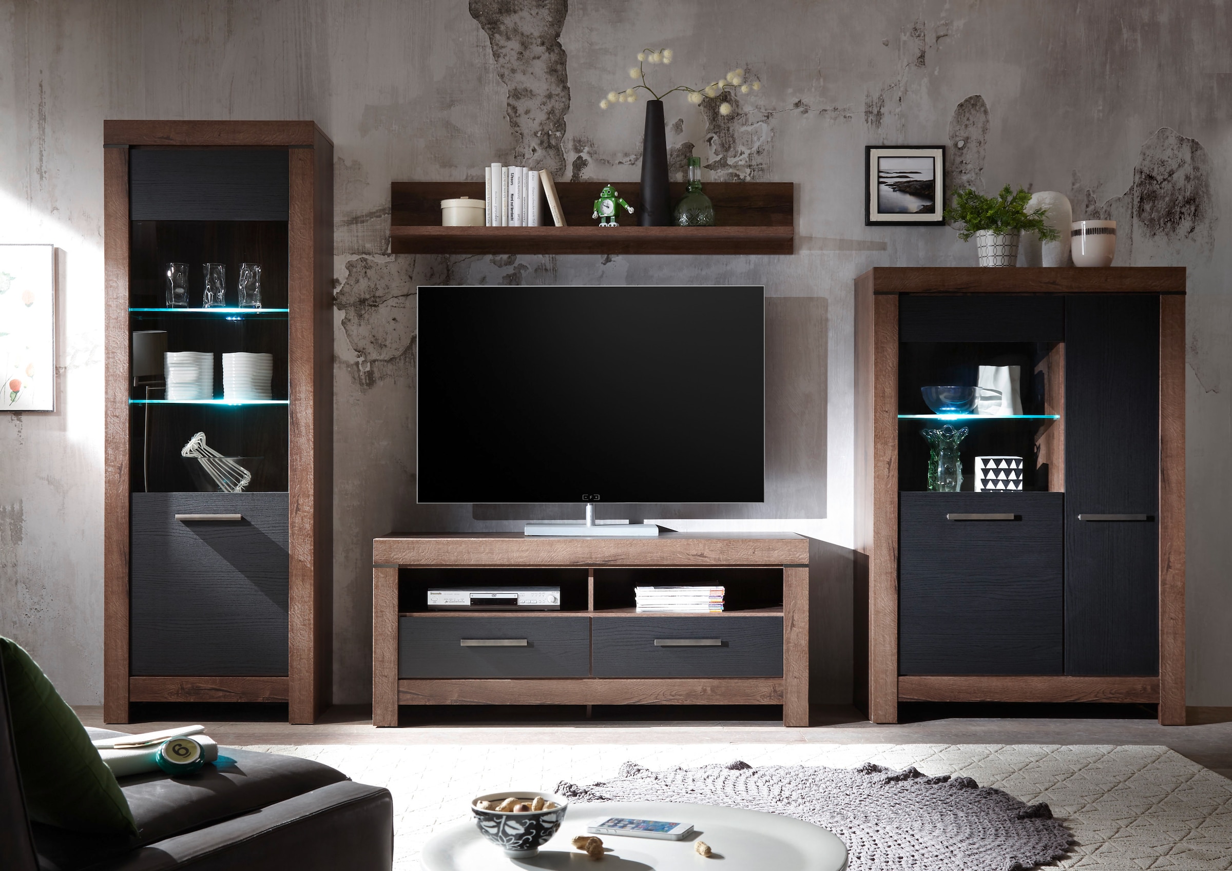 HBZ Mediawand »Balin mit LED-Beleuchtung, Stellmaß 325x197x45 cm«, (4 St.), Wohnwand, TV Lowboard für 55 Zoll geeignet
