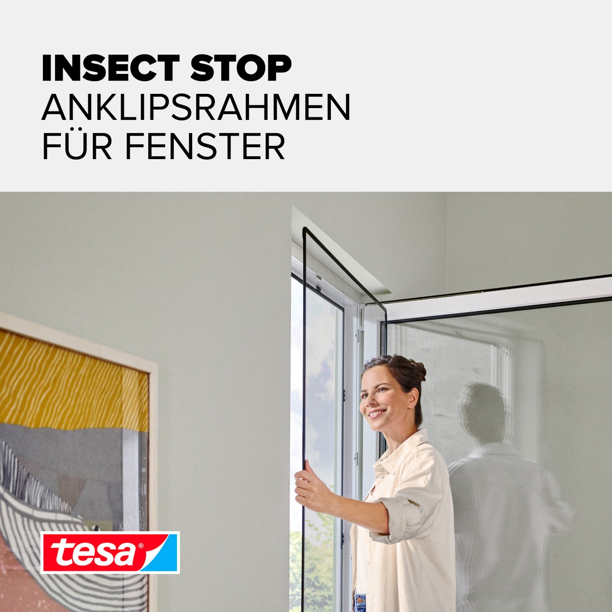 tesa Insektenschutz-Fensterrahmen »Anklips-Rahmen Fliegengitter für Fenster, Anthrazit (Durchsichtig)« Packung, inkl. Fiberglas-Netz in Anthrazit, Rahmen und Halteklip-Lösung, 1 Stk. tlg. INSECT STOP Netz aus Fiberglas, selbstklebende Halte-Klips