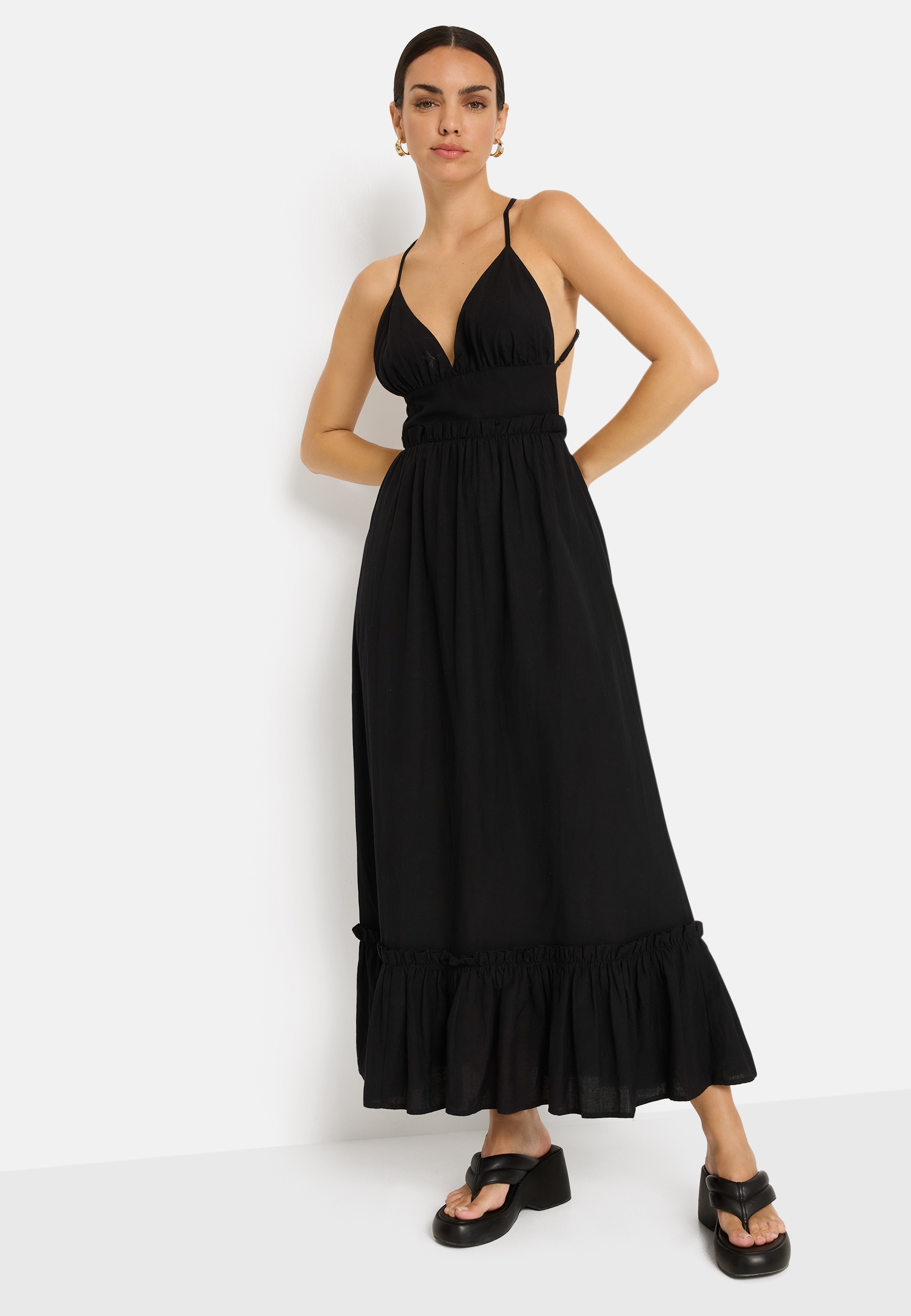 LSCN by LASCANA Maxikleid Ohne Taschen aus Webware mit Leinenanteil, Strandkleid, Boho-Kleid