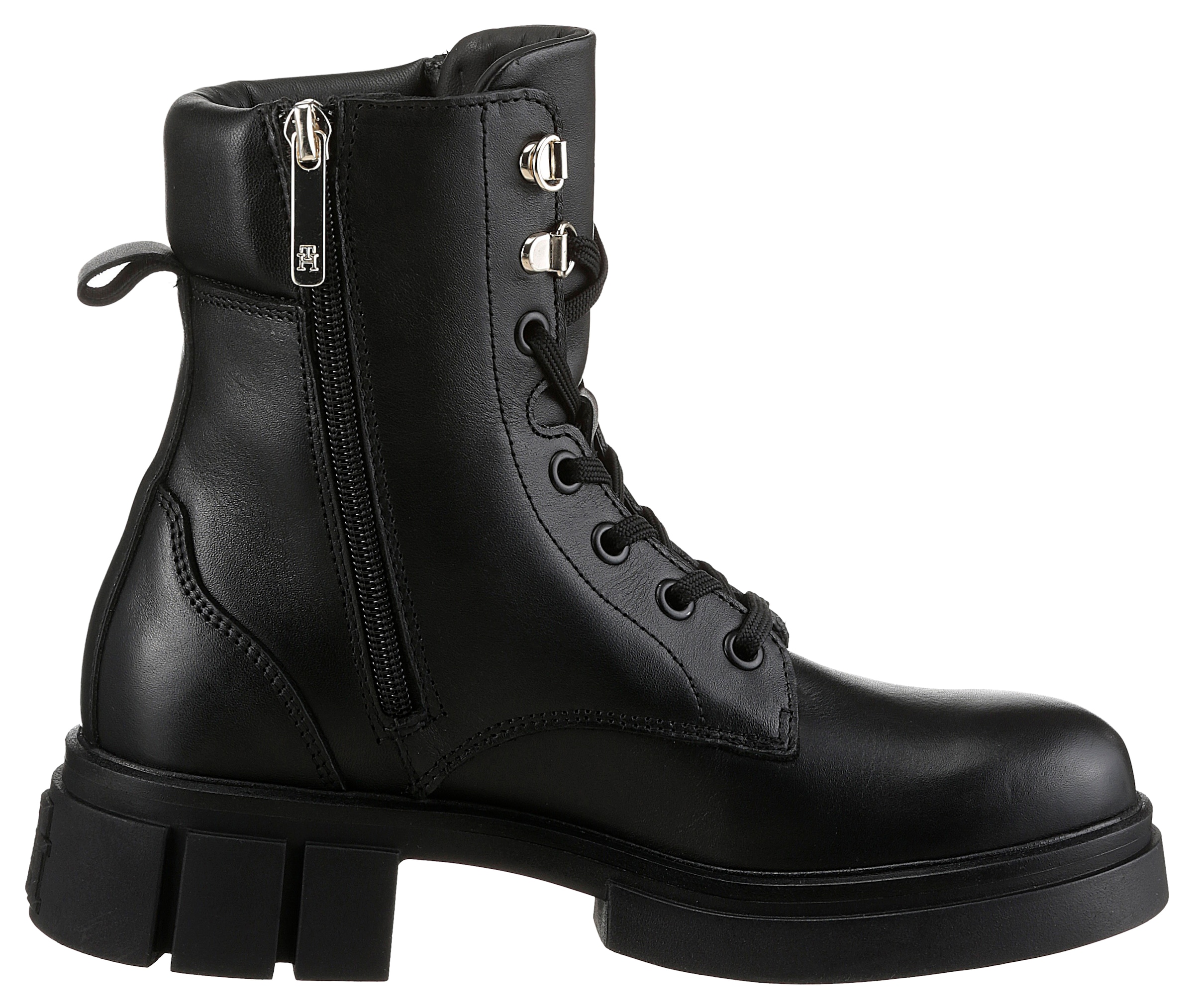 Tommy Hilfiger Bikerboots »LACE-UP BIKER LEATHER«, Blockabsatz, Schnürboots, Stiefelette mit gepolstertem Schaftrand