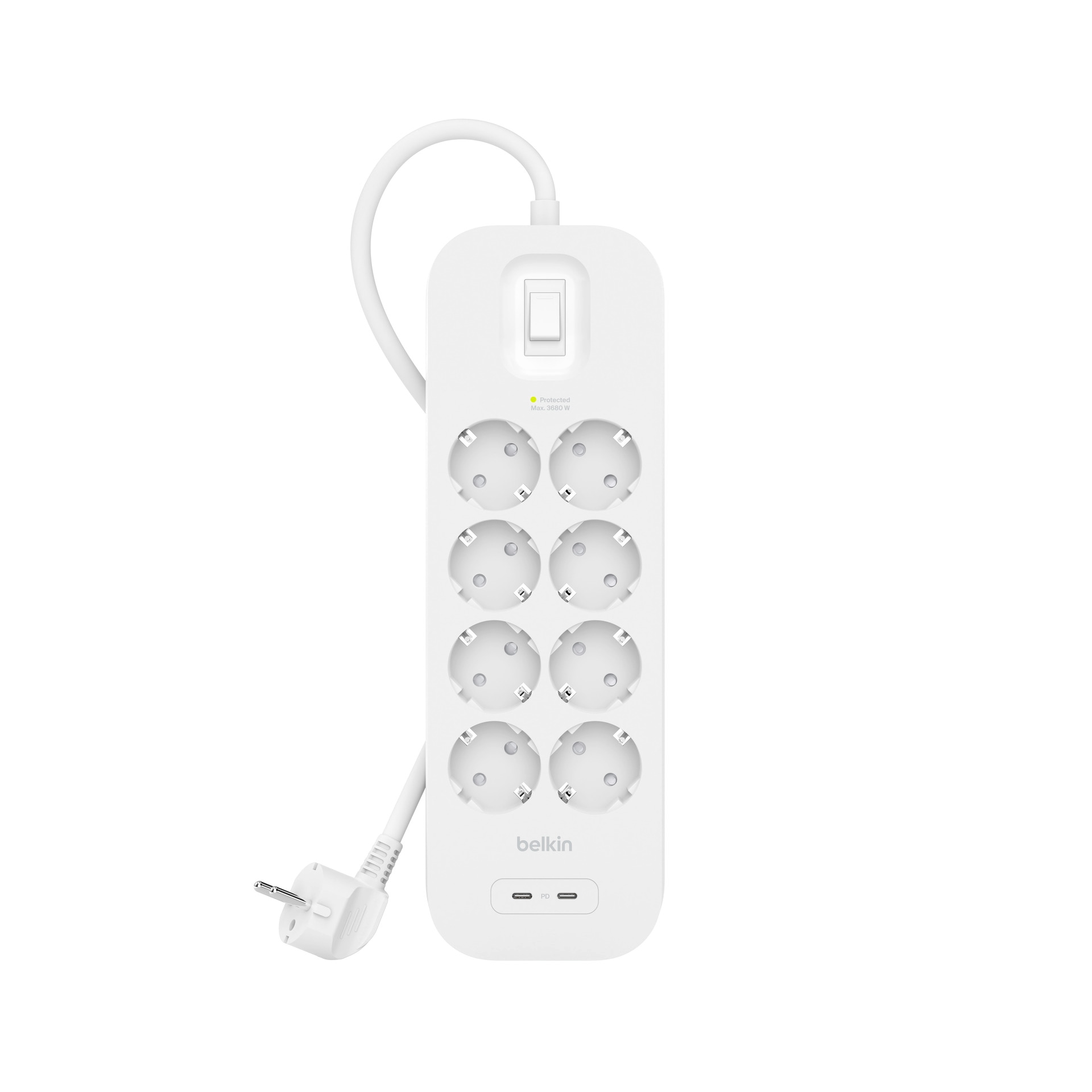 Belkin Steckdosenleiste »8-Fach Steckdosenleiste mit 2 x USB-C Ladeport, 900J, 30 W, 2 Meter«, 10-fach, (Ein- / Ausschalter Überspannungsschutz Kabellänge 2 m)