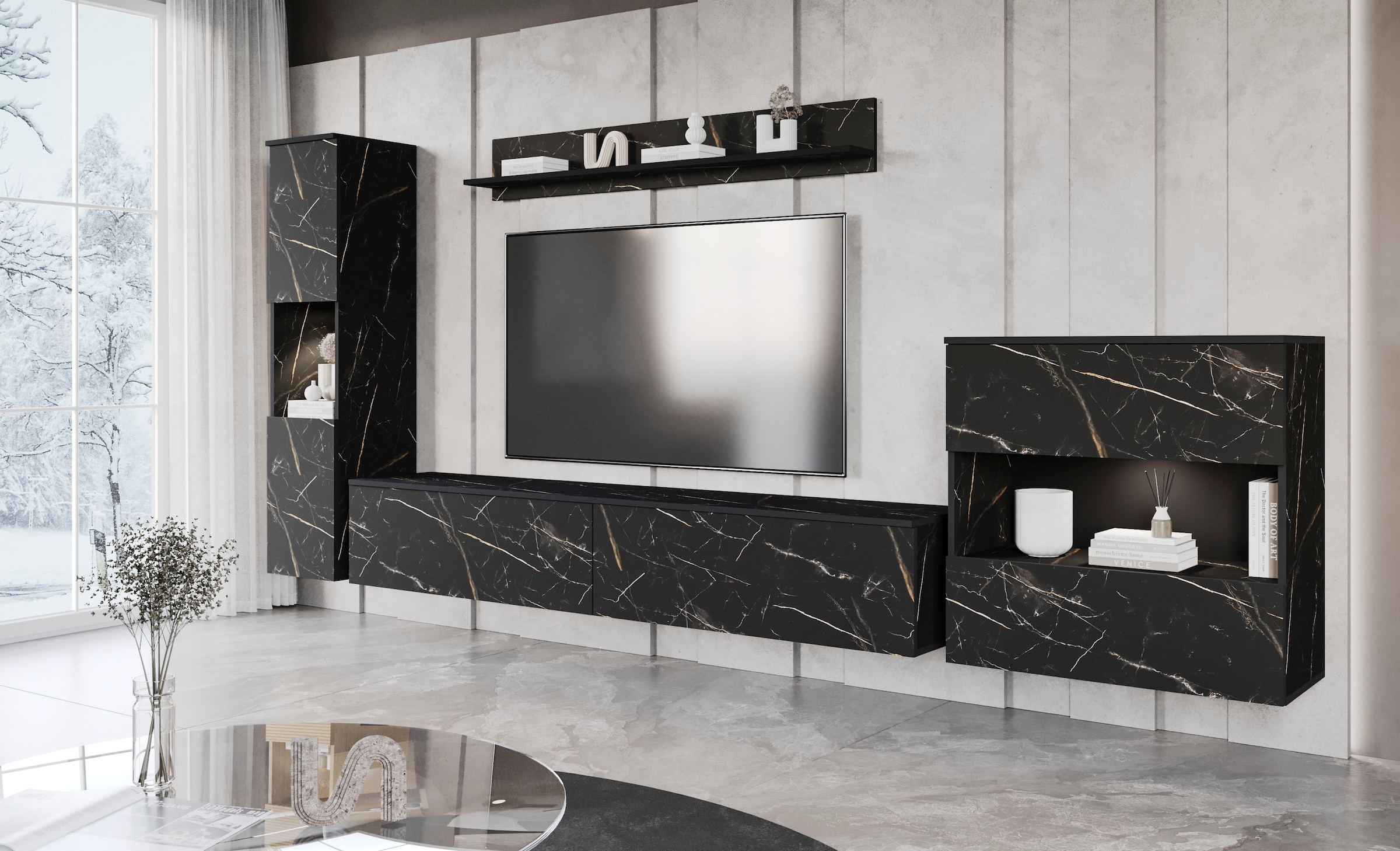 INOSIGN Wohnwand »PARIS, Vitrine Türanschlag links/rechts wechselbar«, (Komplett-Set, 4 St.), grifflose Design, stehend und hängend montierbar