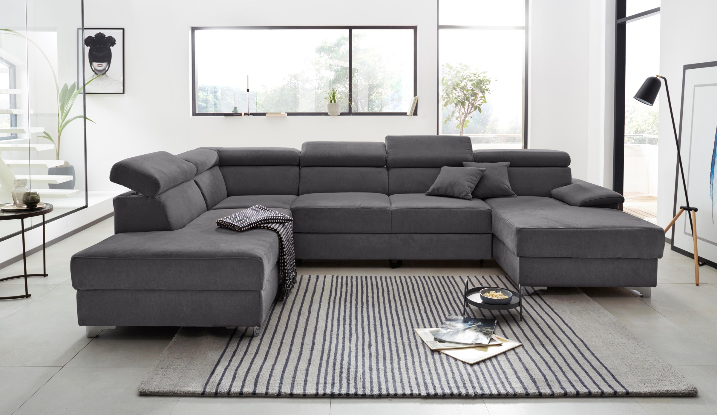 DOMO collection Wohnlandschaft »Mira, inklusive Kopfteilverstellung für mehr Wohlfühlkomfort, U-Form«, wahlweise mit Bettfunktion und Bettkasten, elegant und modern