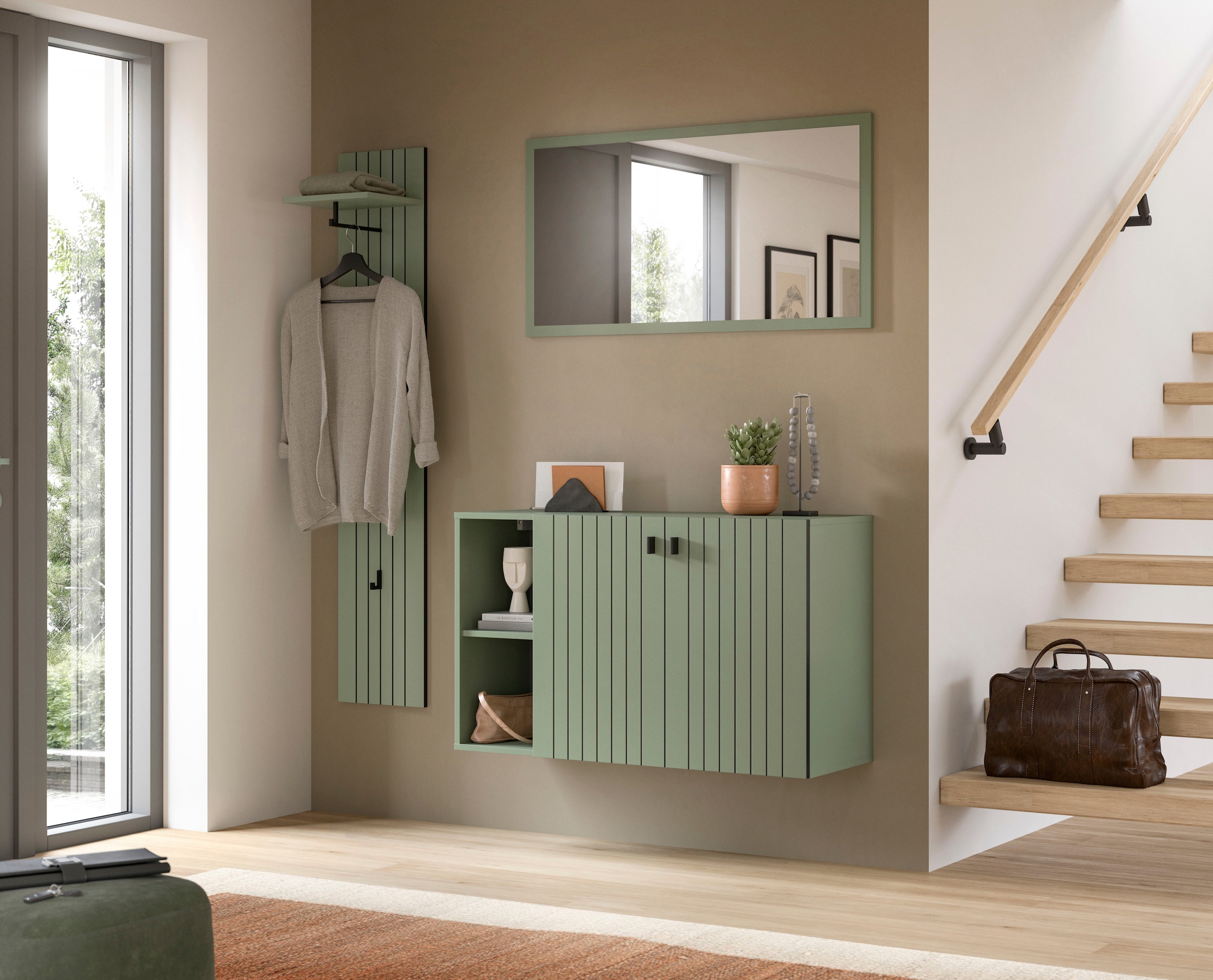 INOSIGN Garderoben-Set »TATIO, 3-tlg. Garderobenkombination, Breite: 152 cm, Rilenfräsung« Set, Set, best. aus: 1 Garderobenpaneel, 1 Spiegel, 1 Schuhkommode, 3 Stk. tlg.