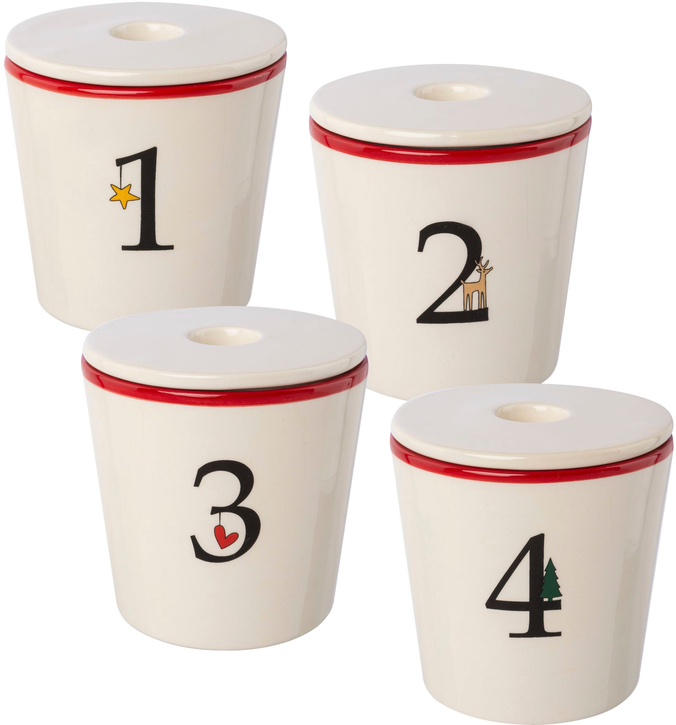 Creativ deco Kerzenhalter "Stabkerzenhalter für die Adventszeit, Weihnachtsdeko" Becher aus Keramik mit Cover 1 bis 4, Höhe ca. 10 cm, Adventsleuchter