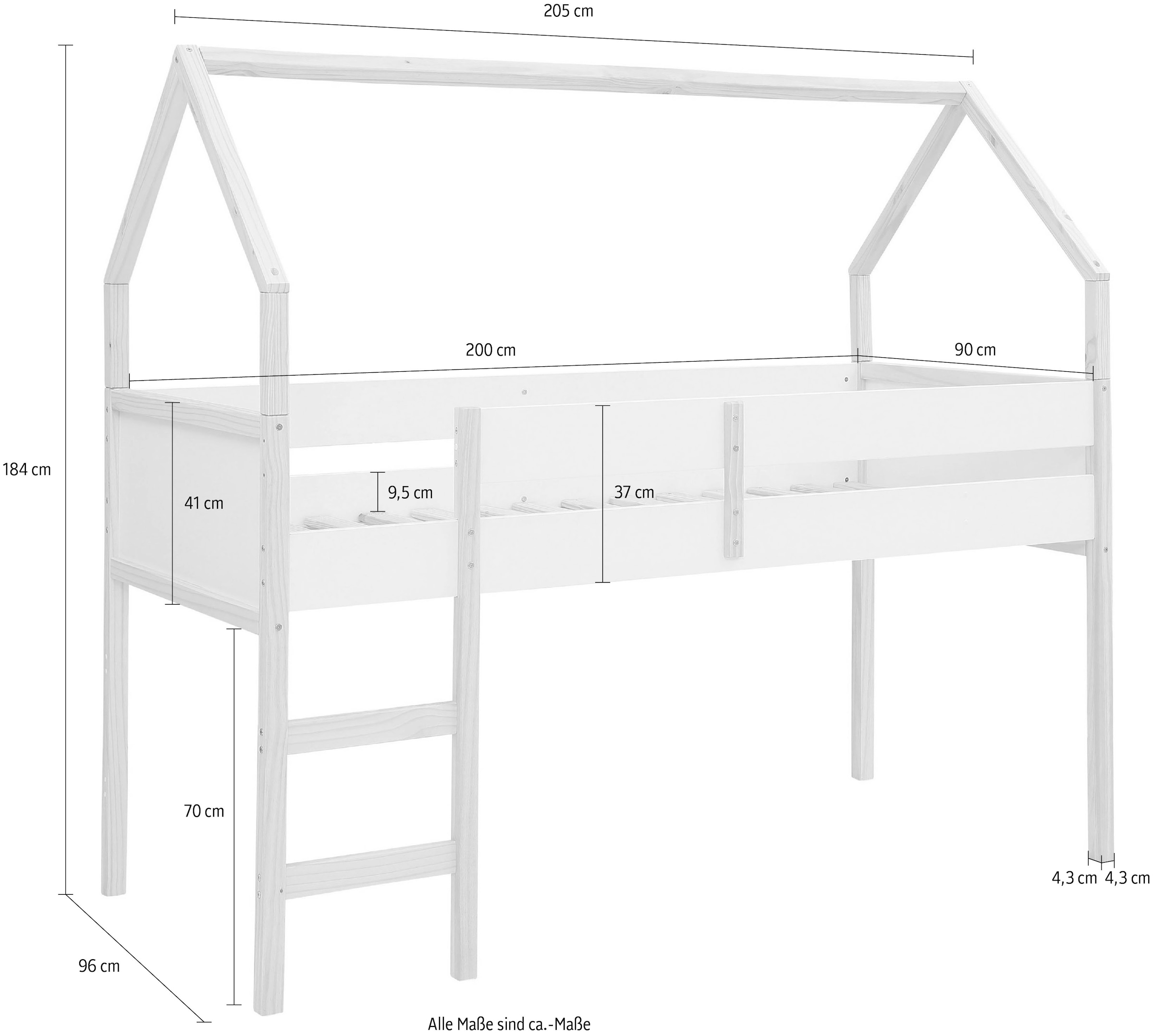 Lüttenhütt Hochbett »Janne«, Kiefernholz, Einzelbett, inklusive Holzleiter, Liegefläche 90x200 cm