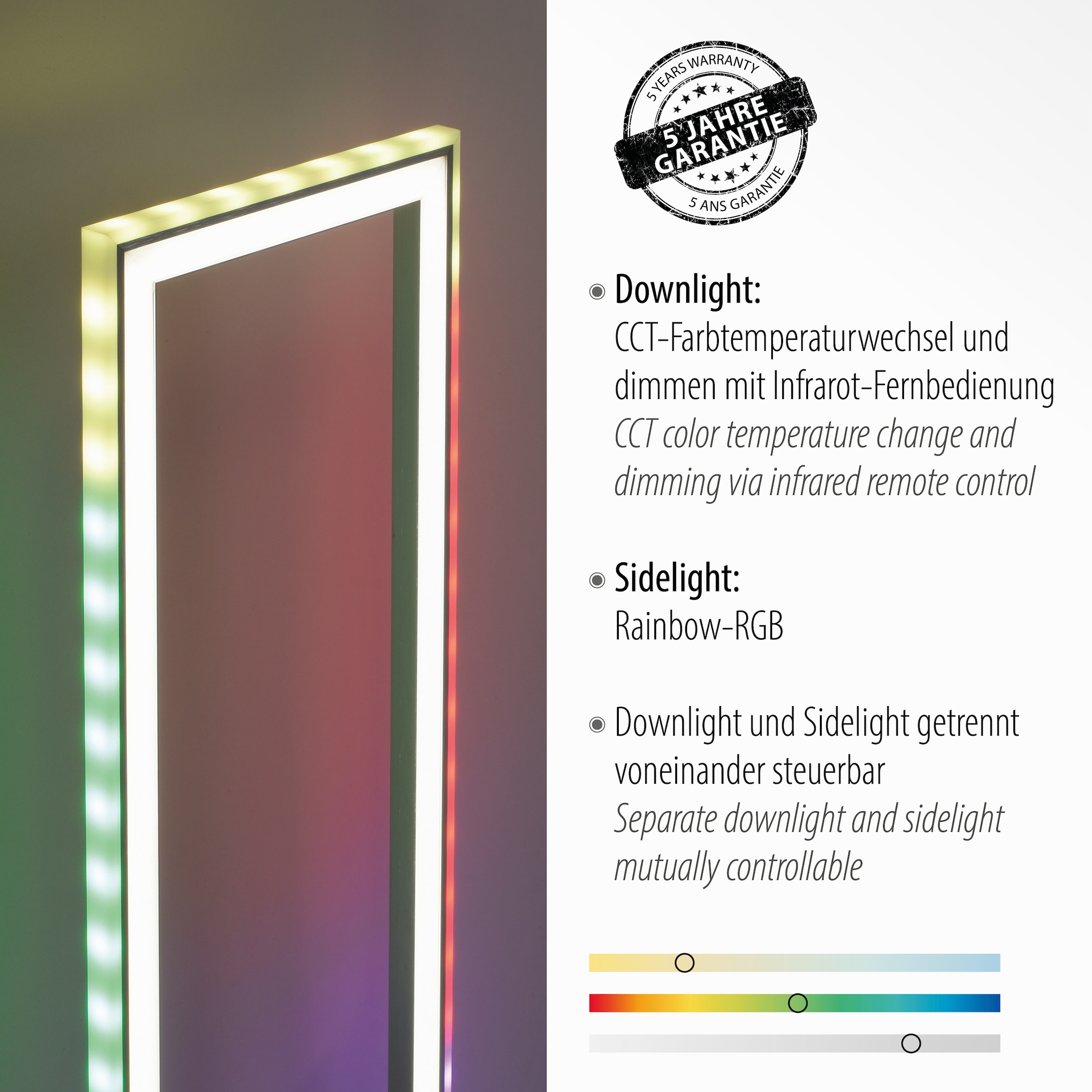 Leuchten Direkt Stehlampe »FELIX60«, 2 online RGB-Rainbow, LED, Jahren CCT Infrarot Fernbedienung, über kaufen | inkl.,Schalter mit 3 flammig-flammig, - XXL Garantie