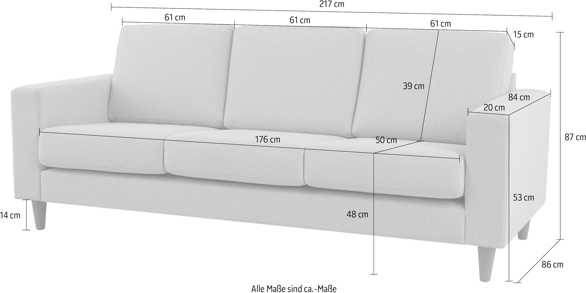 OTTO home 3-Sitzer »Tvinno« im skandinavischen Stil, mit Massivholzfüßen, Breite 217 cm