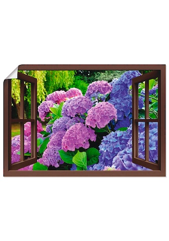 Wandbild »Fensterblick - Hortensien im Garten«, Blumen, (1 St.)