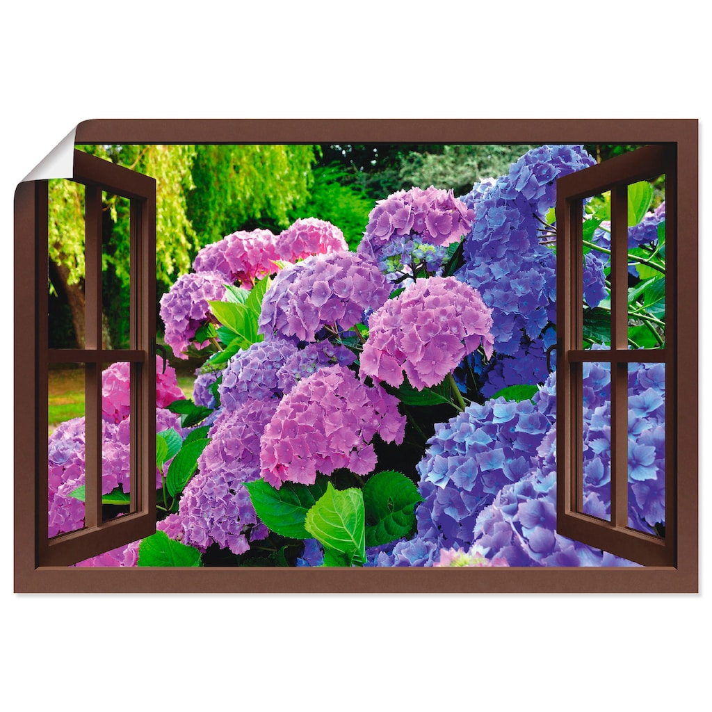 Artland Wandbild »Fensterblick - Hortensien im Garten«, Blumen, (1 St.)