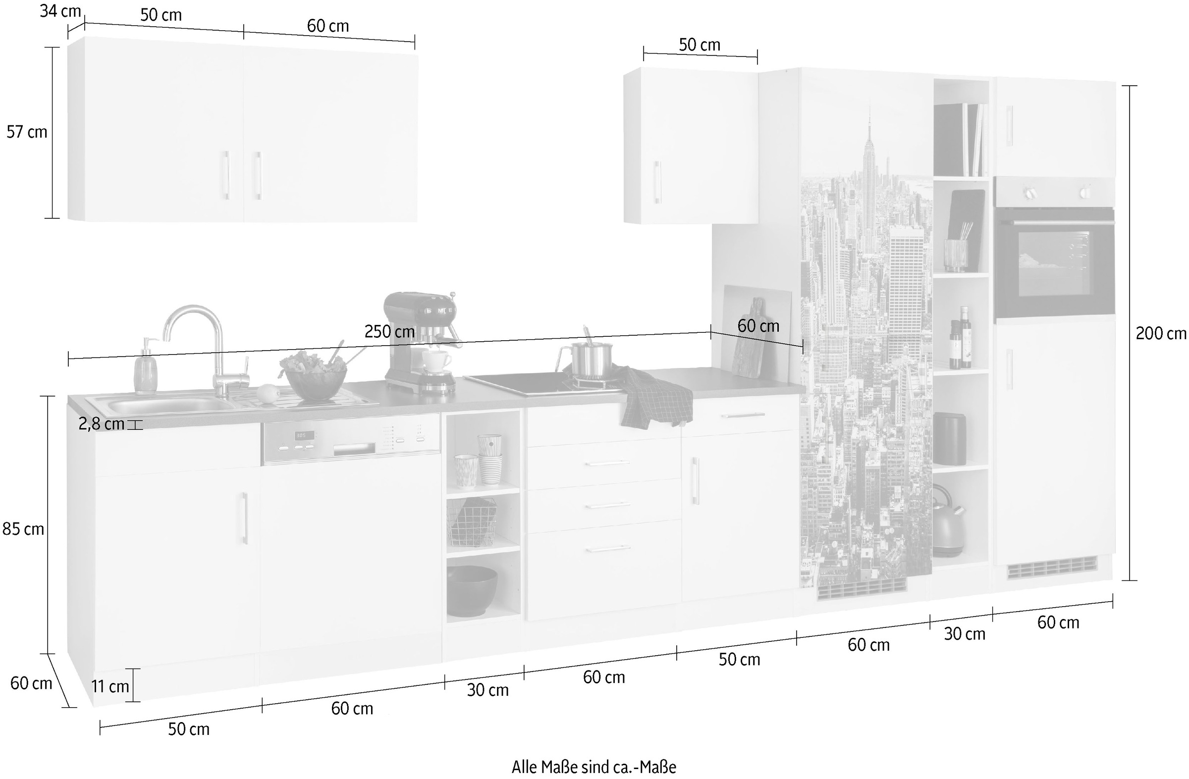 KOCHSTATION Küchenzeile »KS-Paris – Küchen mit einzigartigen Fotomotiven auf den Fronten« Breite 400 cm, wahlweise mit E-Geräten und Induktion