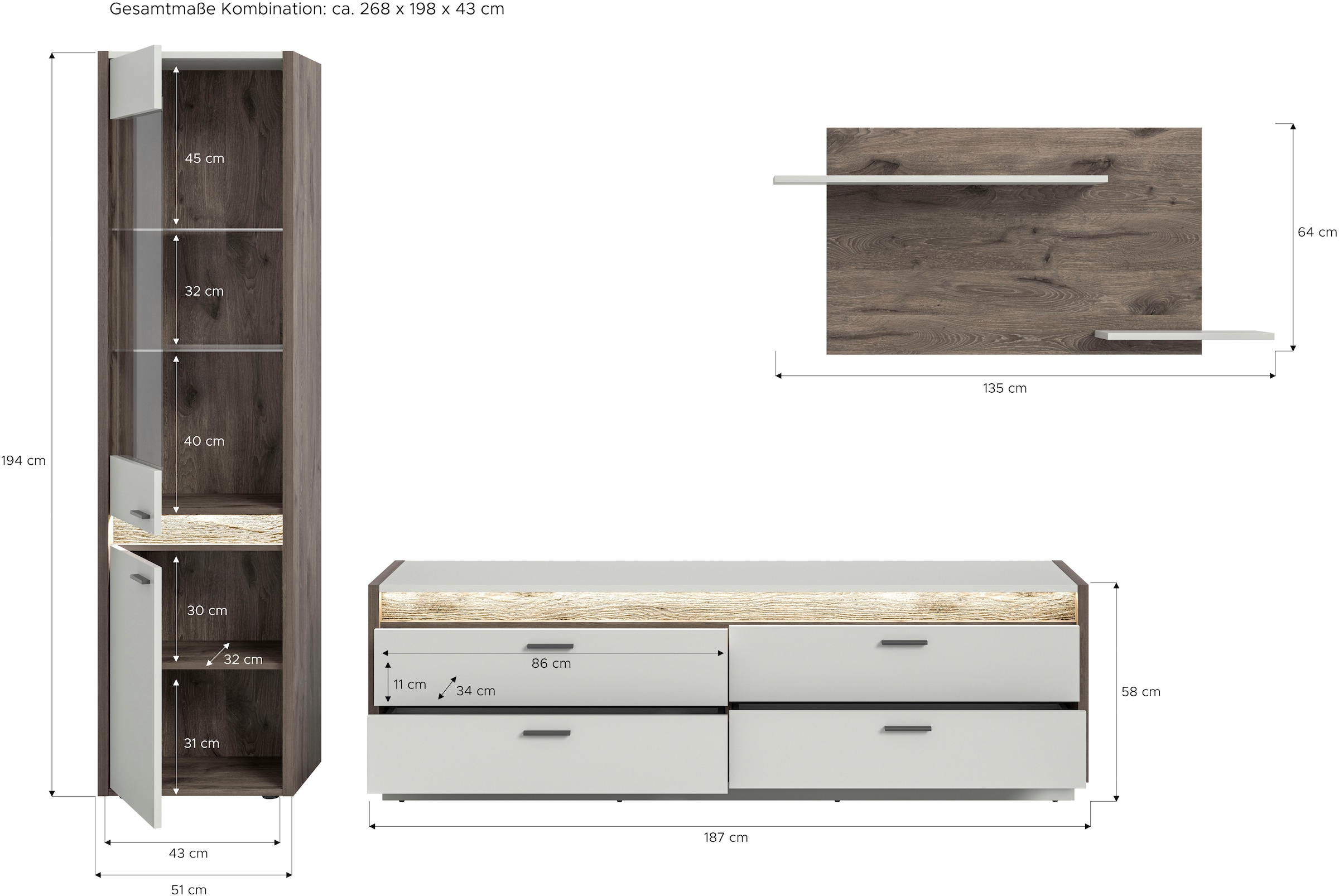 INOSIGN Wohnwand »Treviso, Breite 268 cm, bestehend aus: 1x Vitrine, 1x Lowboard und«, (3 St.), 1x Wandboard, Kombination, Wohnkombination, Mediawand, TV-Wand