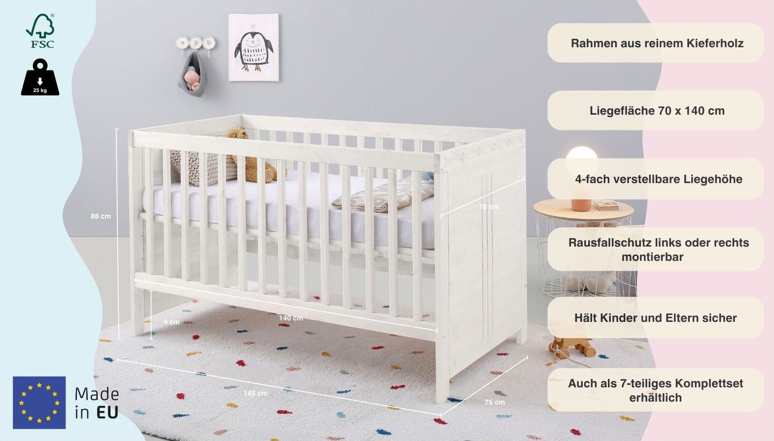 Lüttenhütt Babybett »Indra, Schlupfsprossen, 4-fach verstellbare Liegehöhe,«, FSC® zertifiziertes Massivholz, Landhausstil mit tollen Details