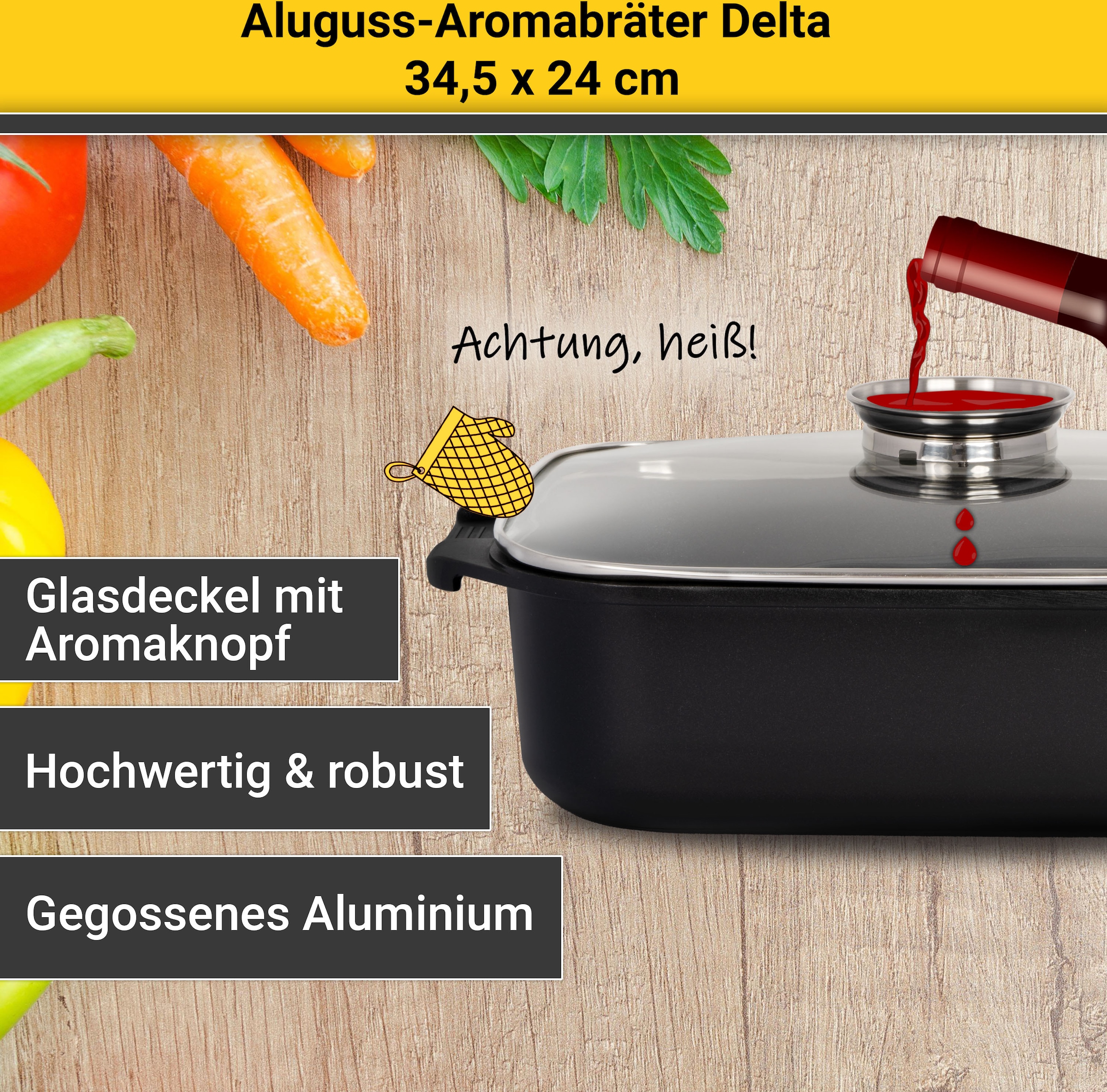Krüger Bräter »Delta«, Jahren XXL tlg.), Garantie Aluminiumguss, Aromaknopf, 3 Induktion mit (1 mit Glasdeckel