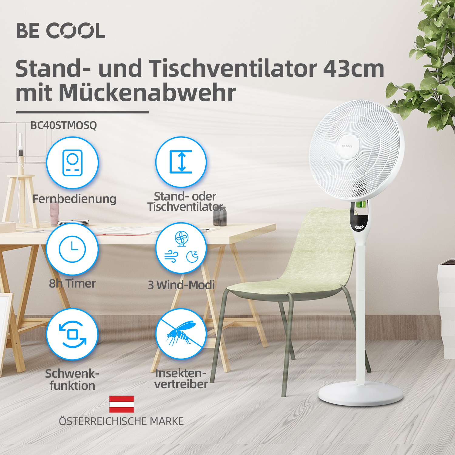 be cool Standventilator »Stand- und Tischventilator 40cm mit Mückenabwehr BC40STMOSQ weiß«, flexibel einsetzbar, Display