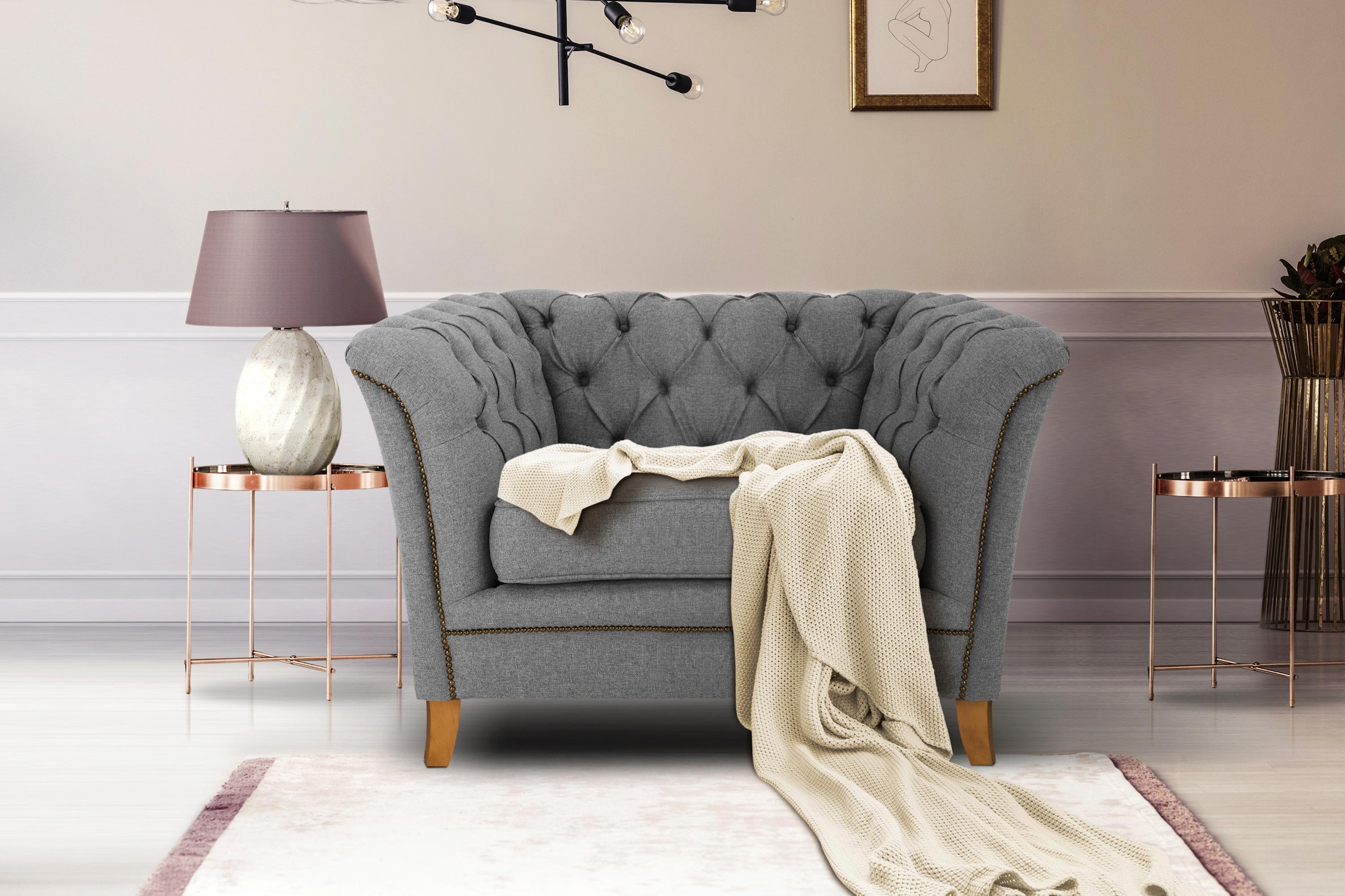 Home affaire Sessel »Newport modernes Chesterfield«, mit Knopfheftung im Rücken, Keder und feinen Armlehnen