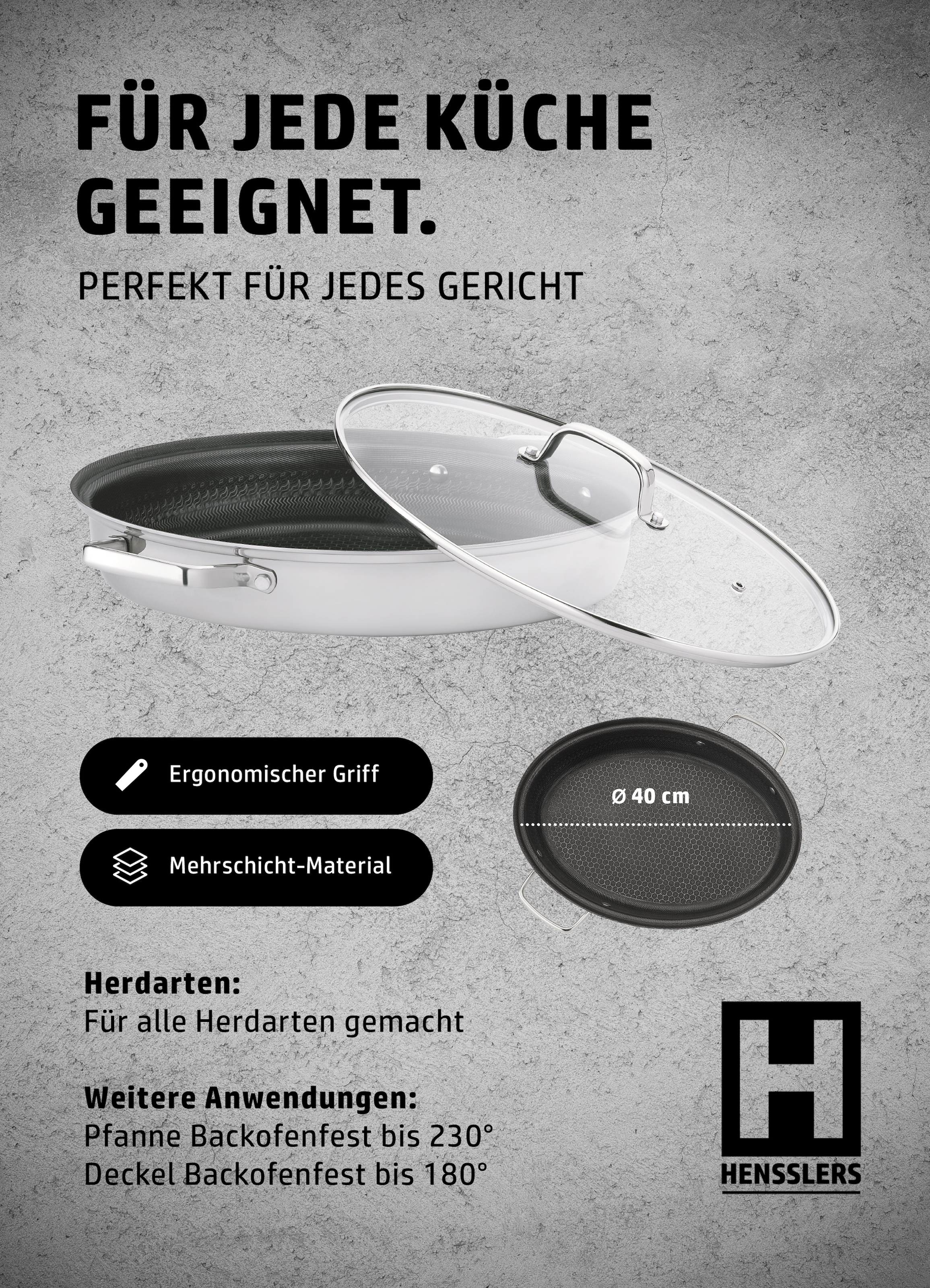 HENSSLERS Fischpfanne »HENSSLERS Edelstahl Fisch- & Schnitzelpfanne, mit Wabenstruktur« Edelstahl 2 Stk. tlg. inkl. Glasdeckel und Dünsteinsatz, Abmessung ca. 38x26 cm