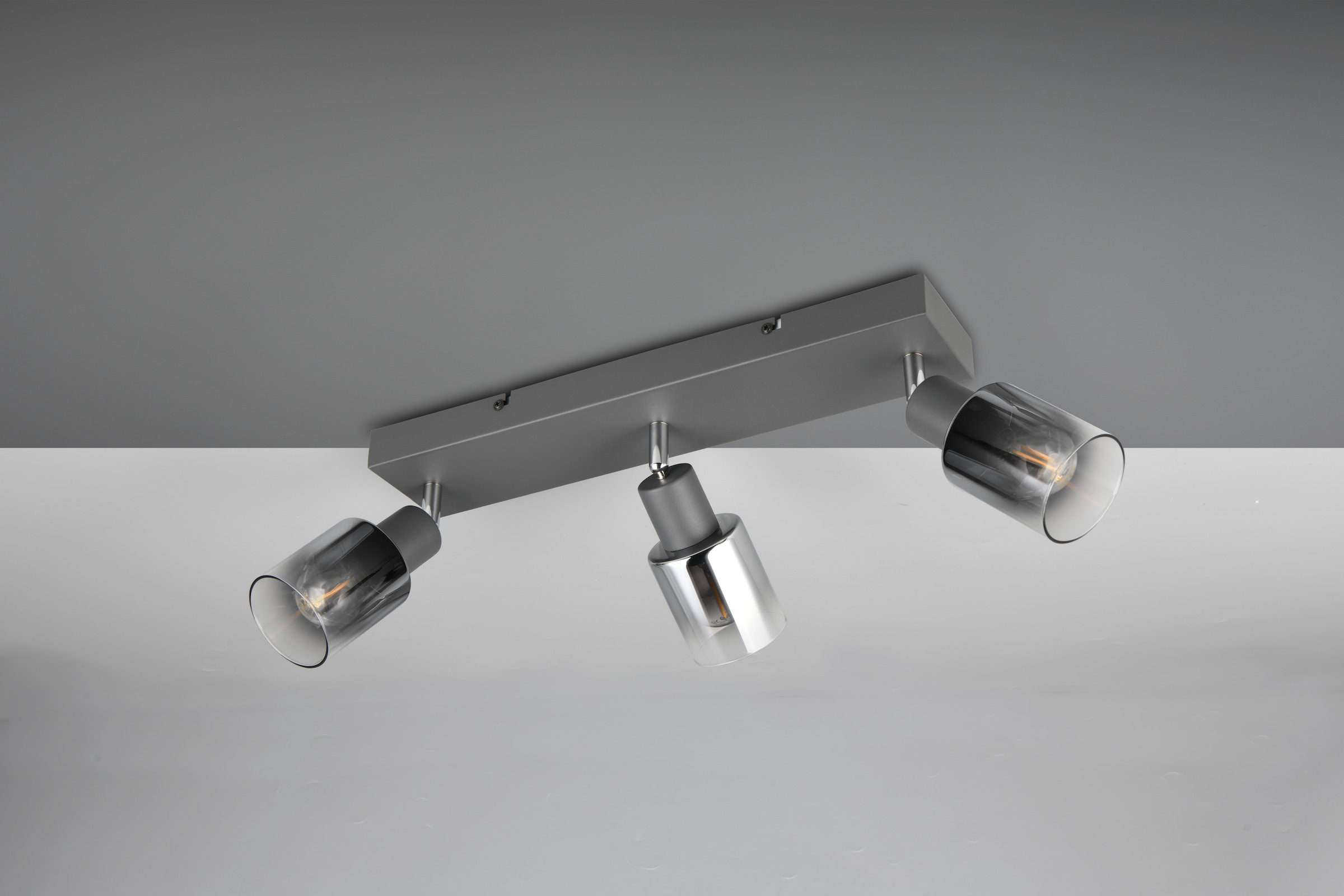 REALITY Leuchten Deckenstrahler »CADIZ, Spot 3-flammig, exkl 3xE14 max 10W, Glas anthrazit, verspiegelt« E14 1 Stk. warmweiß - kaltweiß verstellbarer Deckenspot E14 Fassung, mit Glasschirm smoke Farbverlauf