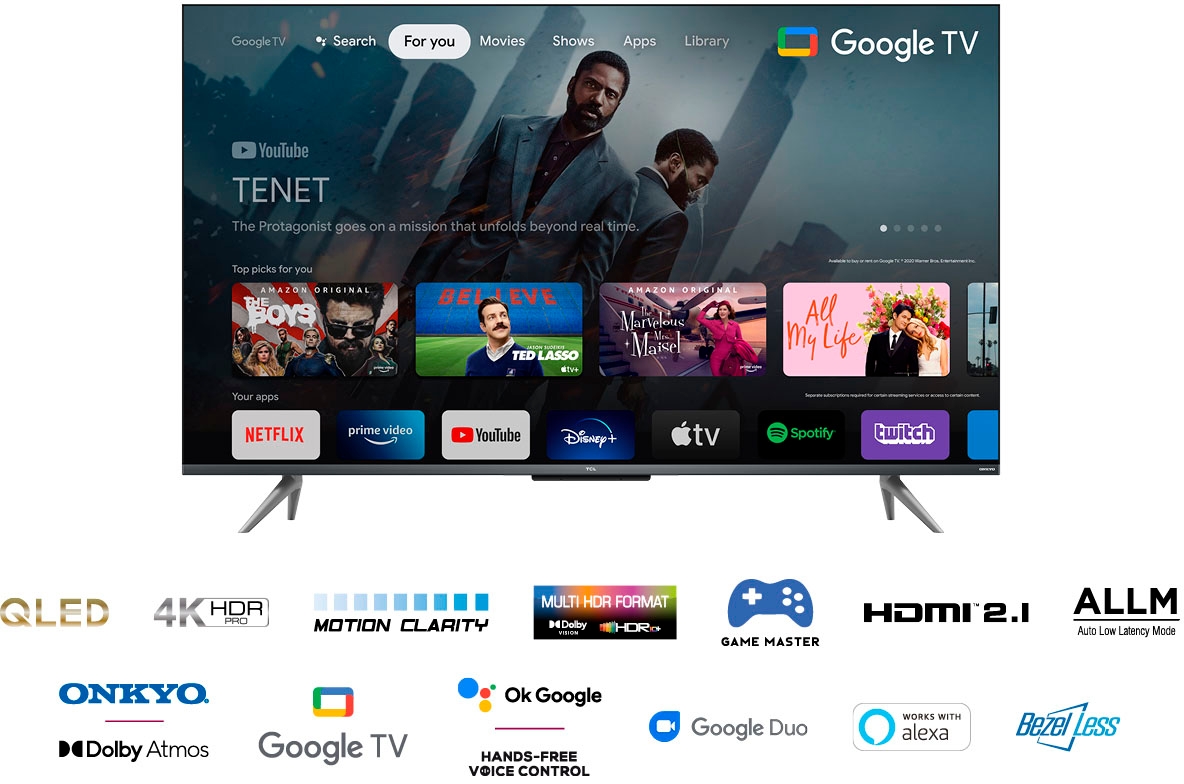 TCL QLED-Fernseher »43C735X2«, 4K Ultra HD, Smart-TV-Google TV, HDR Premium, Dolby Atmos, HDMI 2.1, Metallgehäuse, ONKYO-Sound