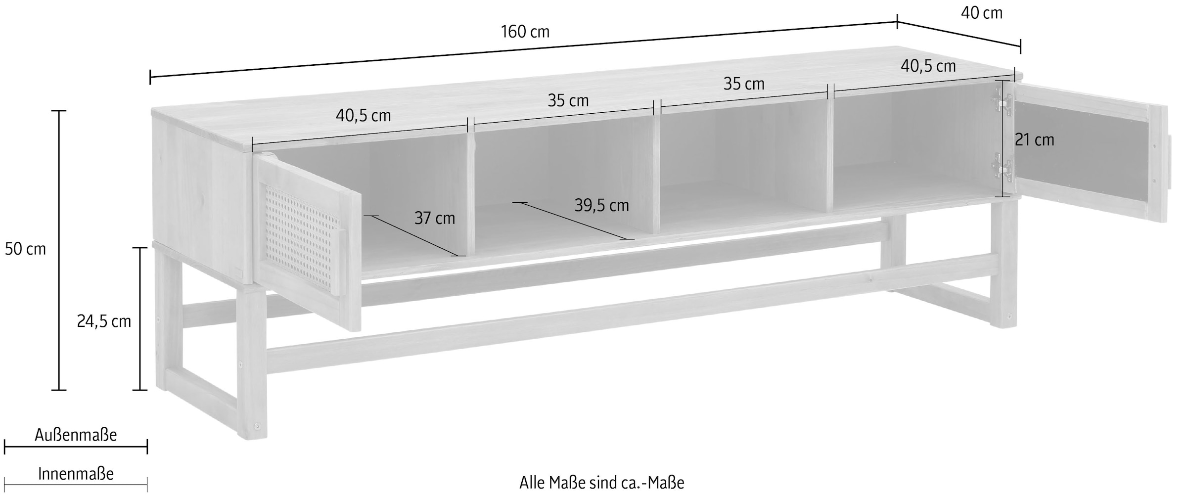 Home affaire Lowboard »Linz«, Rattangeflecht auf den Türfronten, aus Massivholz