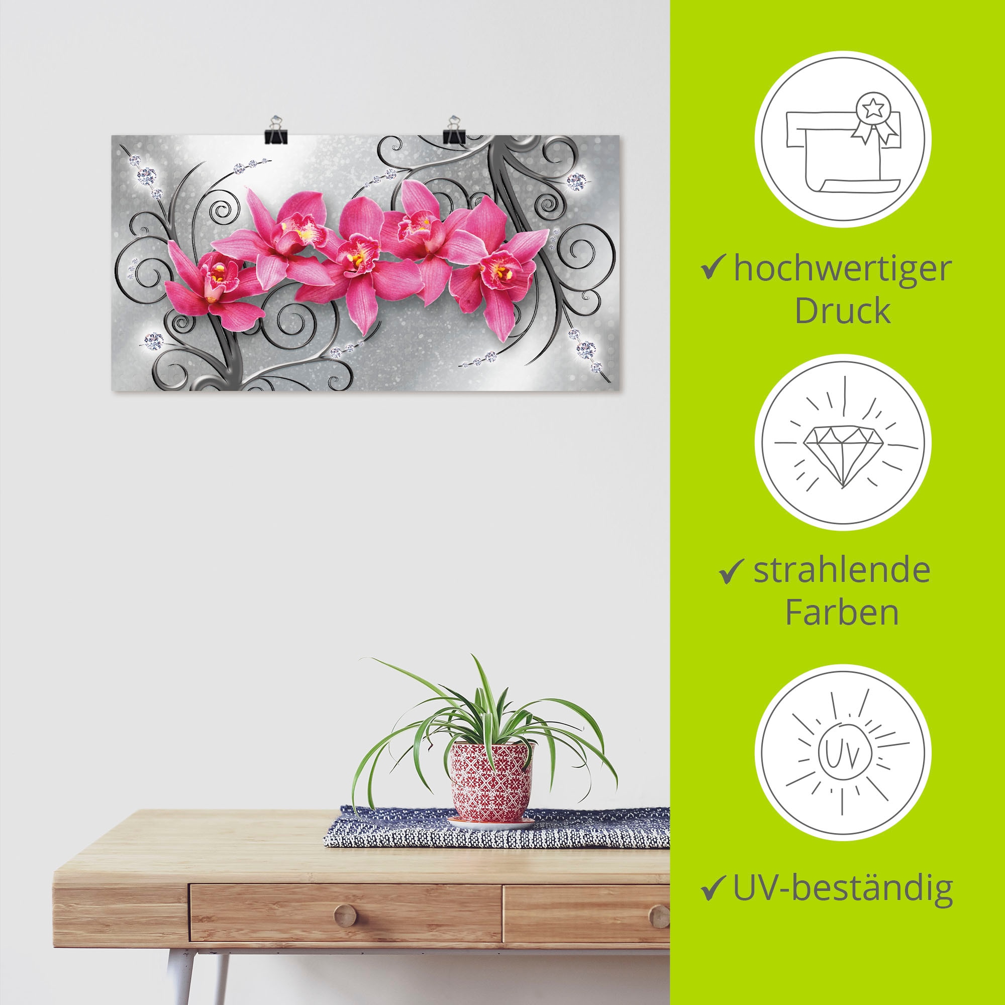 Artland Wandbild »rosa Orchideen auf Ornamenten«, Blumenbilder, (1 St.), als Alubild, Outdoorbild, Leinwandbild, Poster, Wandaufkleber
