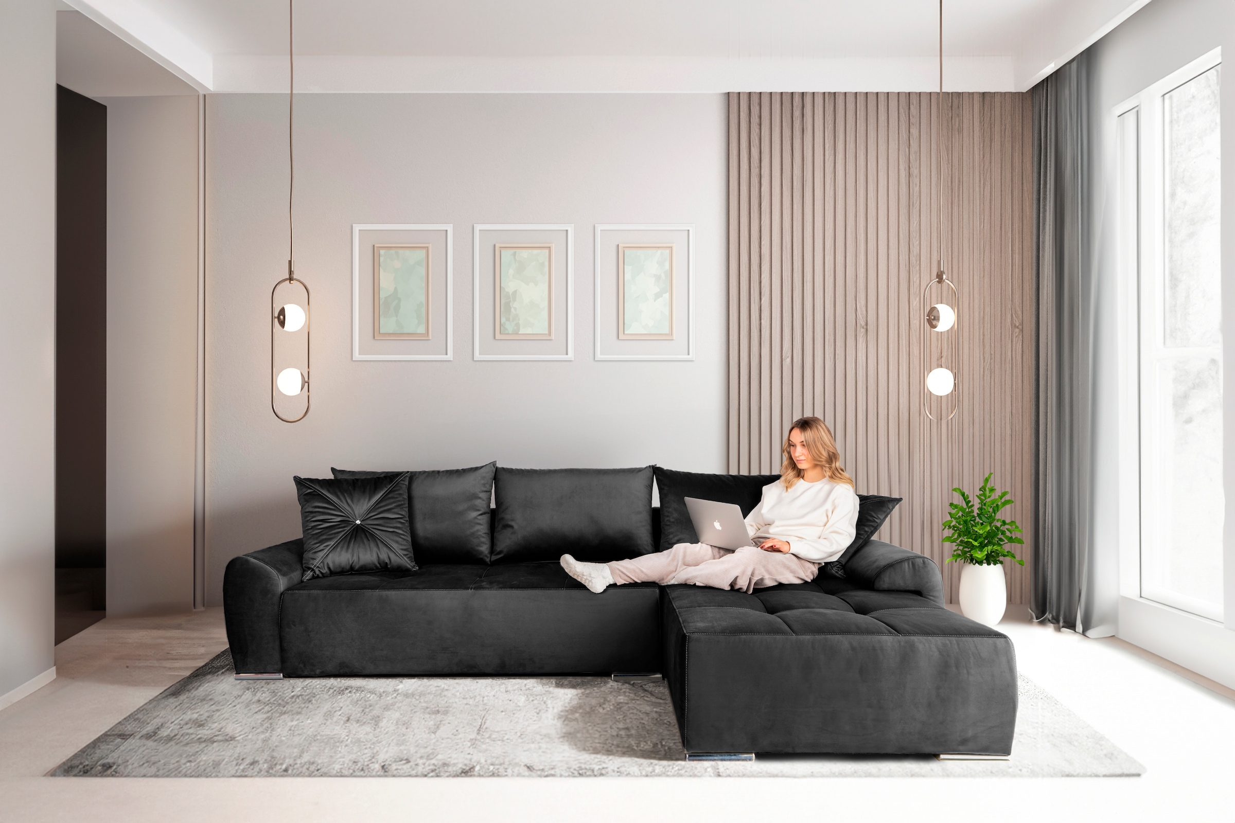 COLLECTION AB Ecksofa »Bilbao L-Form«, inkl. Bettfunktion und Bettkasten, Zierkissen mit Strassstein