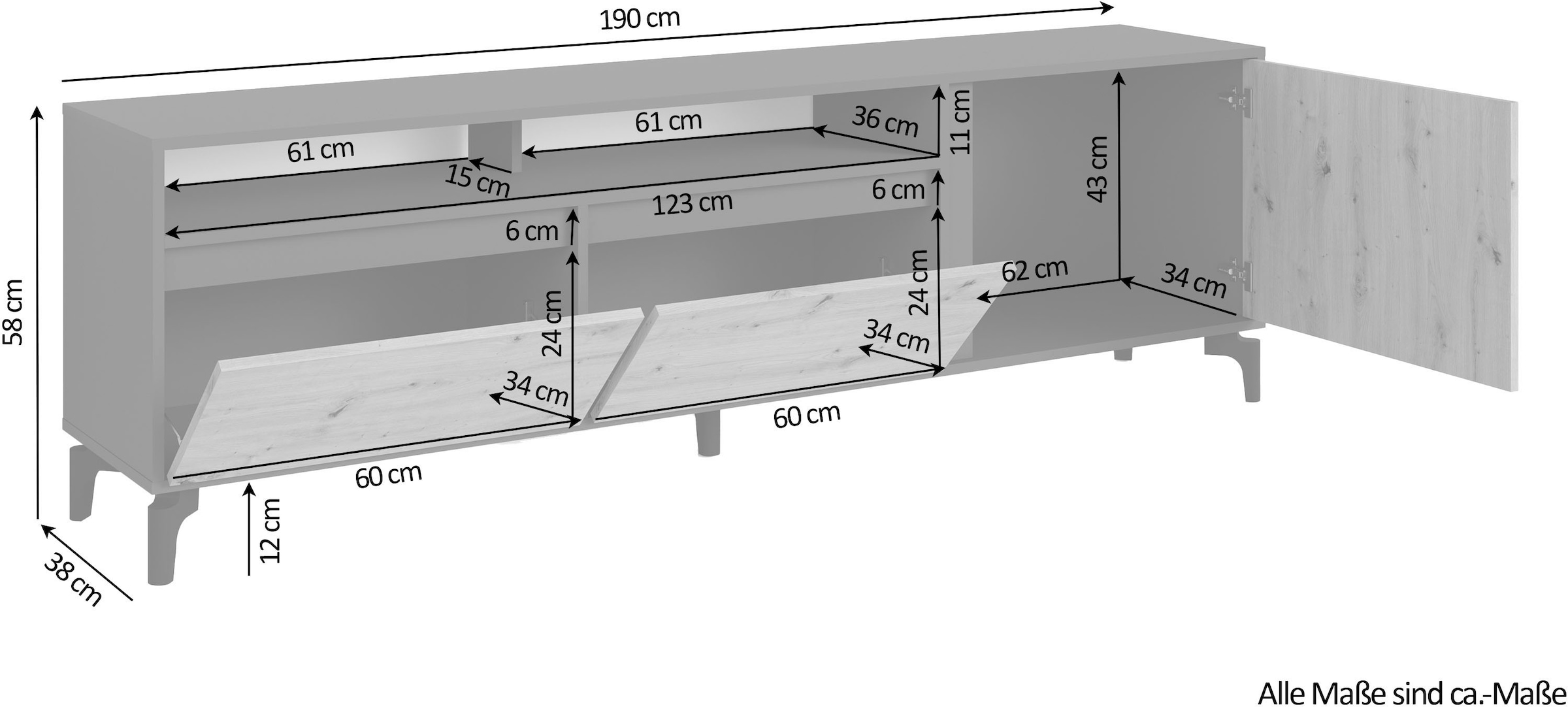 INOSIGN Lowboard »Blackwood«, Breite 190cm mit viel Stauraum, Anthrazit mit Absetzung in Eiche
