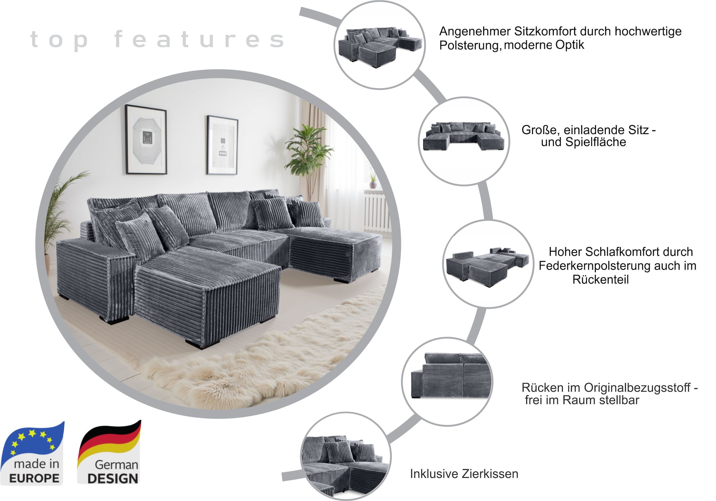 COLLECTION AB Wohnlandschaft »Manhattan U-Form, B: 313 cm, in Breit- oder Normalcord« mit Bettfunktion, Bettkasten & Zierkissen, Federkern