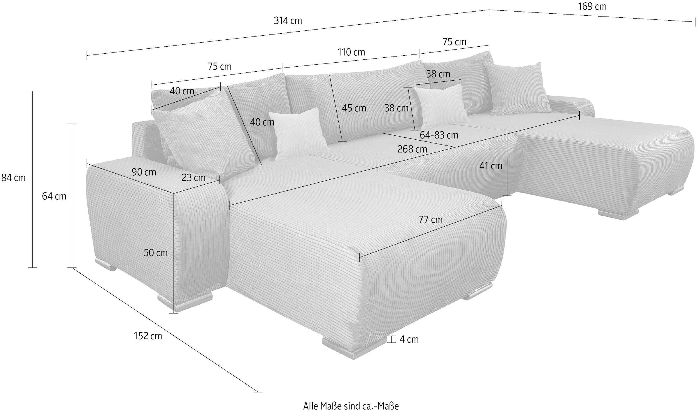 COLLECTION AB Wohnlandschaft »Paola U-Form, Breite 314 cm« Wohnlandschaft,2 Ottomane,Bonnelfederkern,Rückenkissen